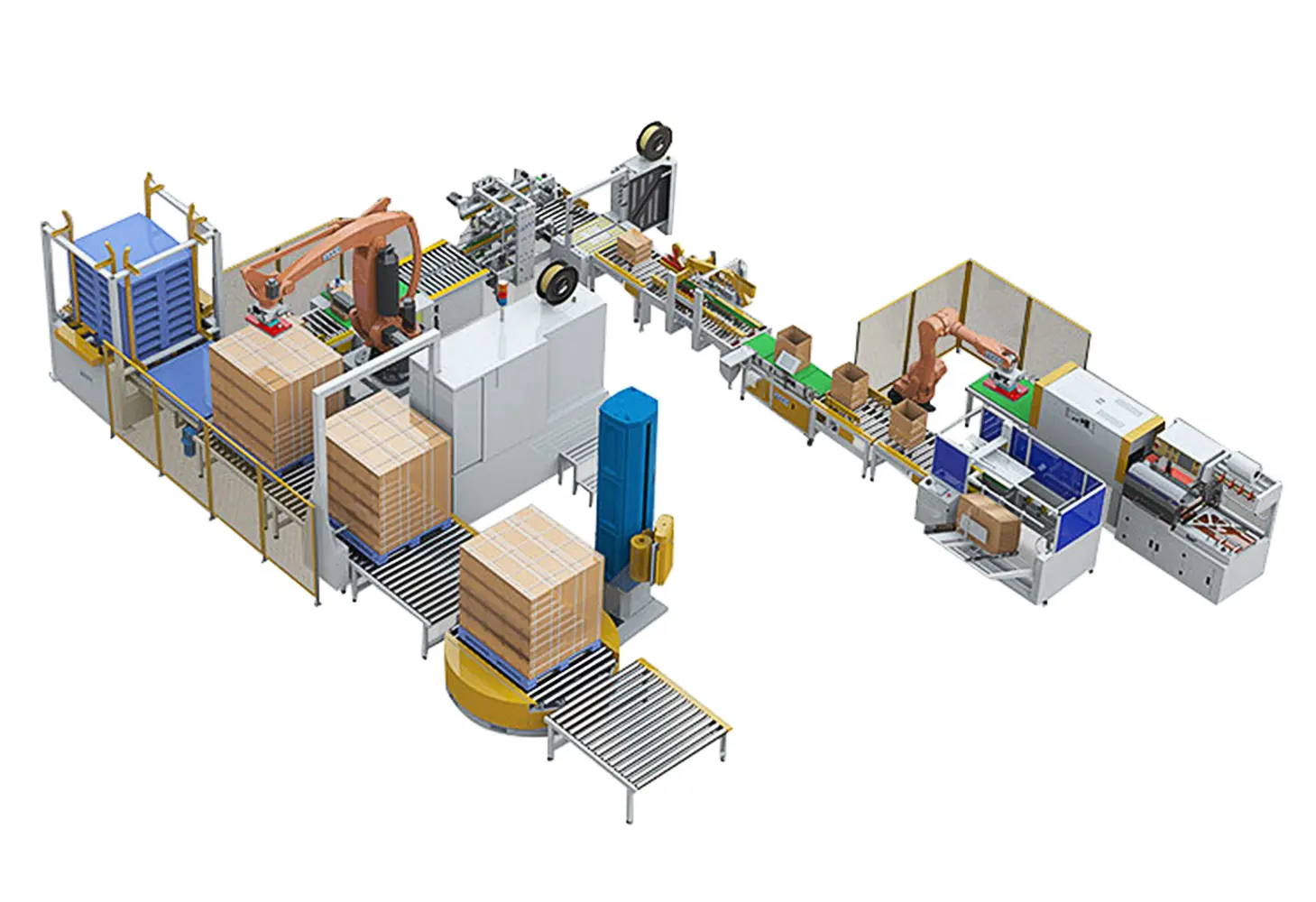 Case packing and palletizing line for bagged beverage products