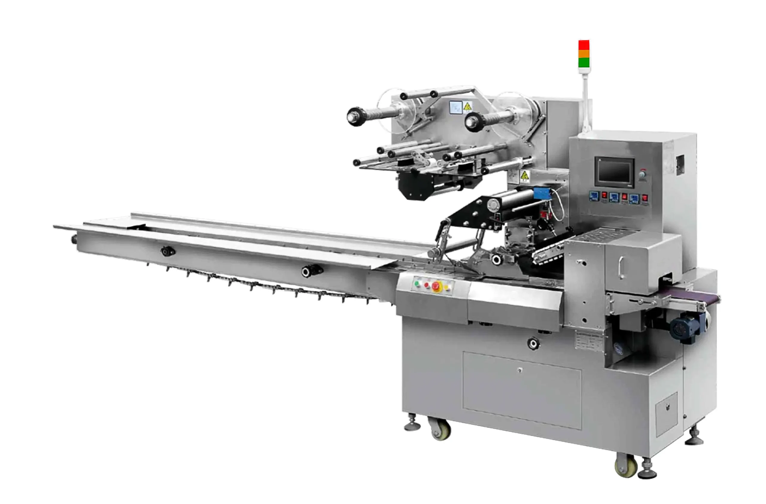 Flow wrapping equipment for an optional outer pouch around finished primary packs