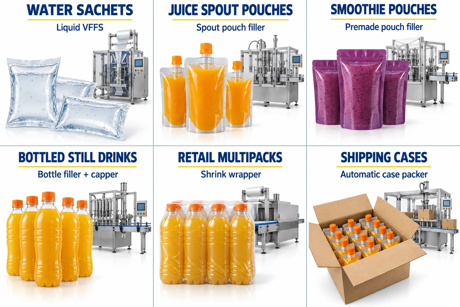 Water sachets, juice and smoothie pouches, bottled drinks, retail bundles and shipping cases with matching equipment