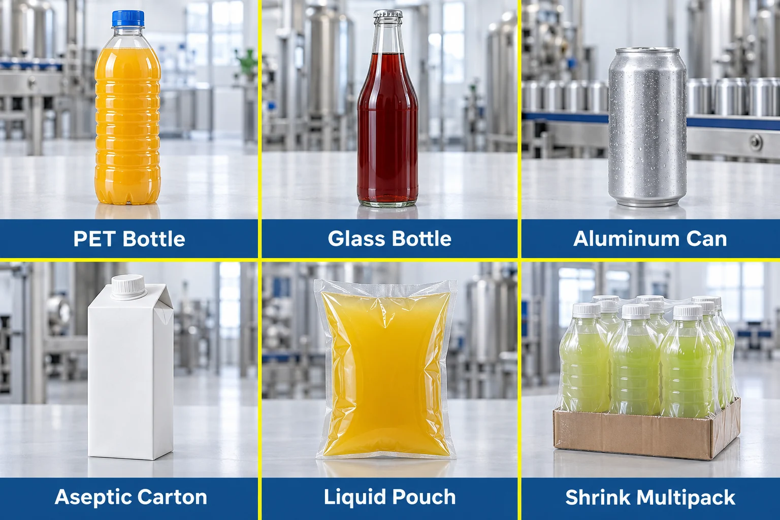 Drink packaging formats including PET glass can carton pouch and shrink multipack