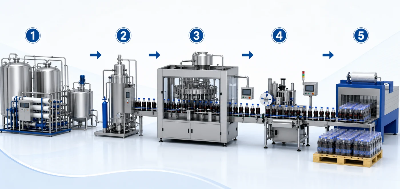 Illustrated complete soda production and packaging line from preparation to shrink bundling