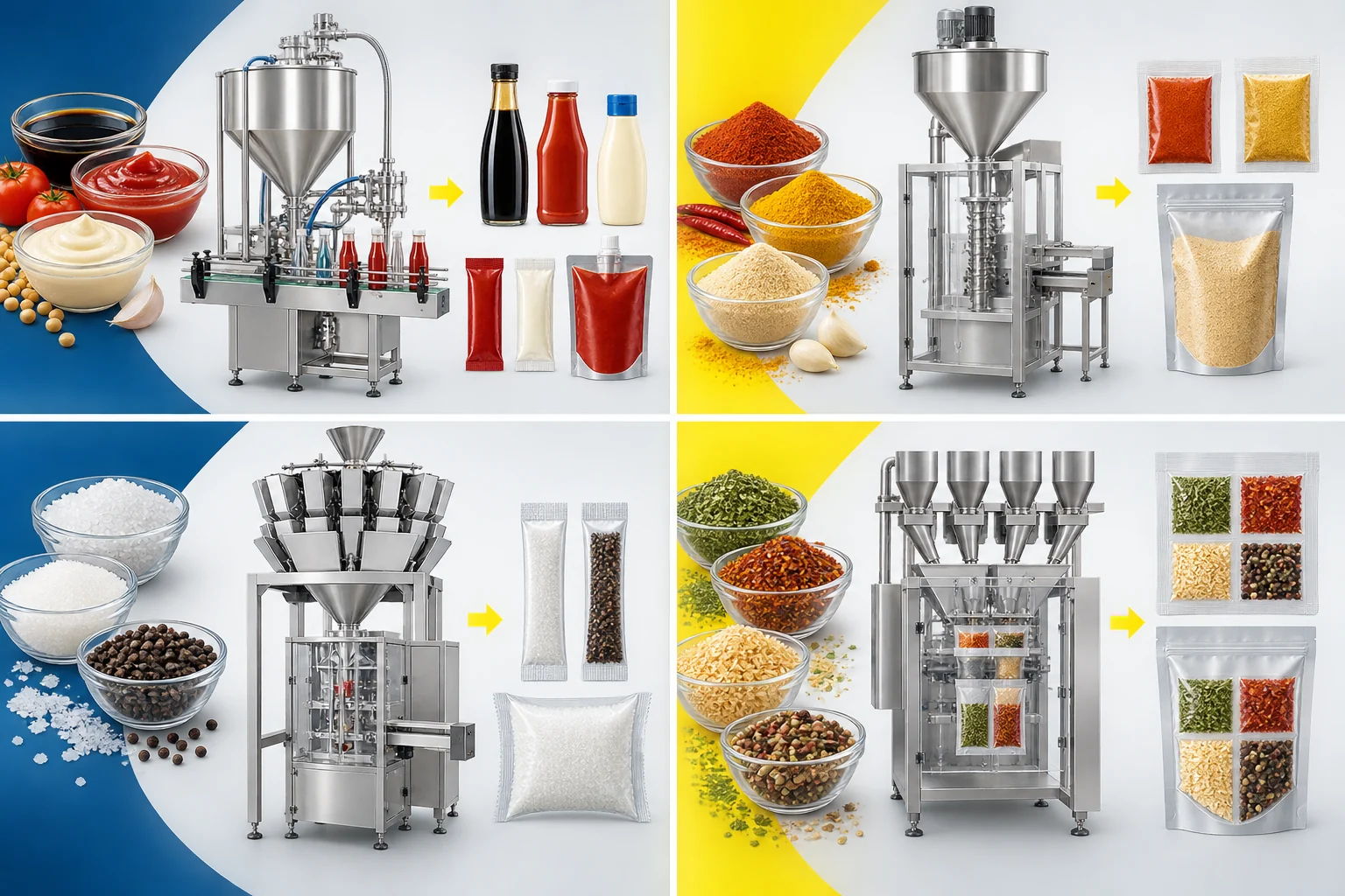 Four condiment packaging routes for liquid and paste, powder, granule and mixed seasoning products