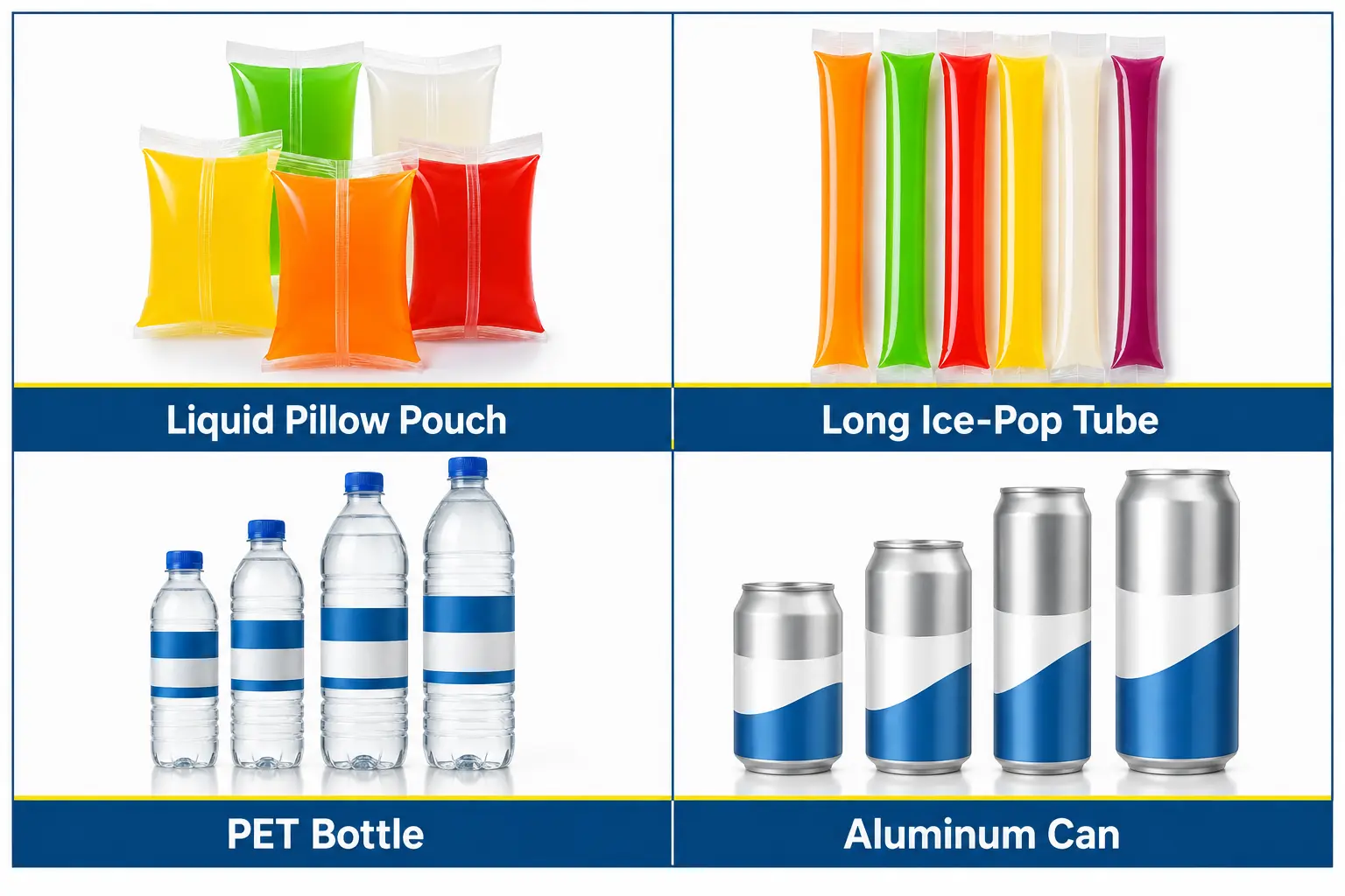 Lignes de conditionnement de liquides pour sachets en forme d'oreiller, tubes de glaces à l'eau, bouteilles en PET et canettes en aluminium