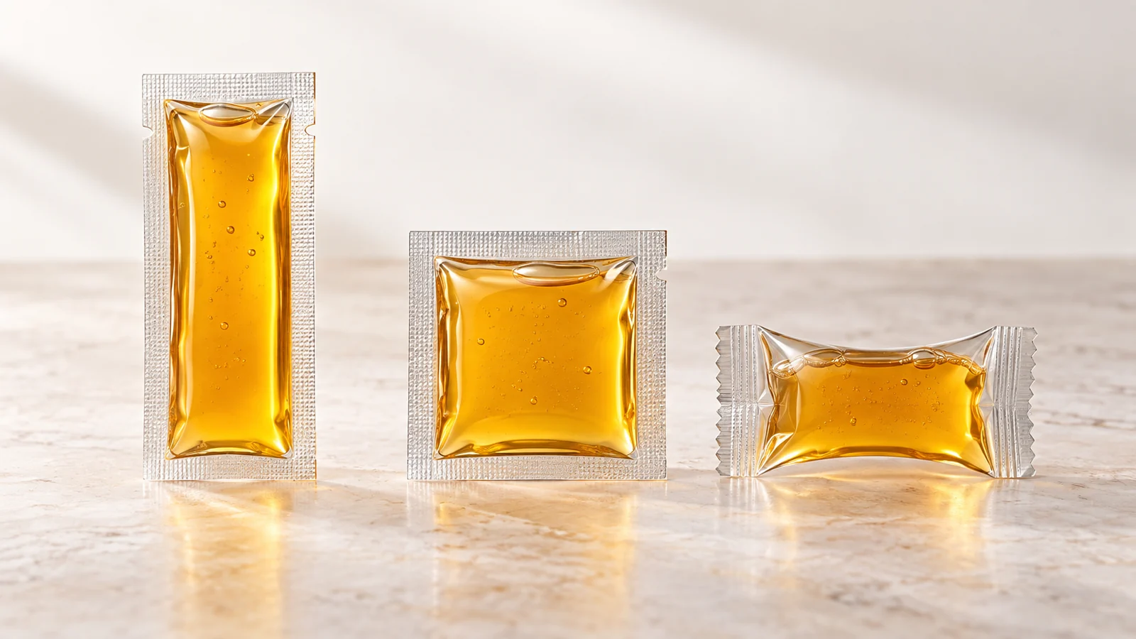 Formats de sachets de miel, notamment rectangulaires, carrés et en forme d'oreiller