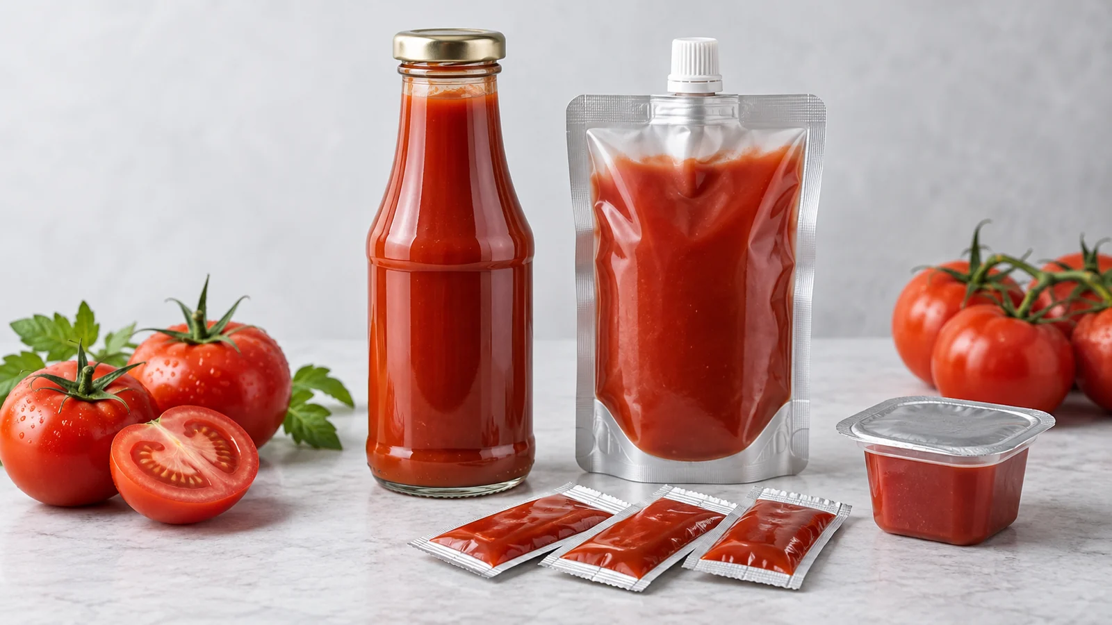 Formats d'emballage du ketchup : bouteille, sachet à bec verseur, sachets individuels et pot