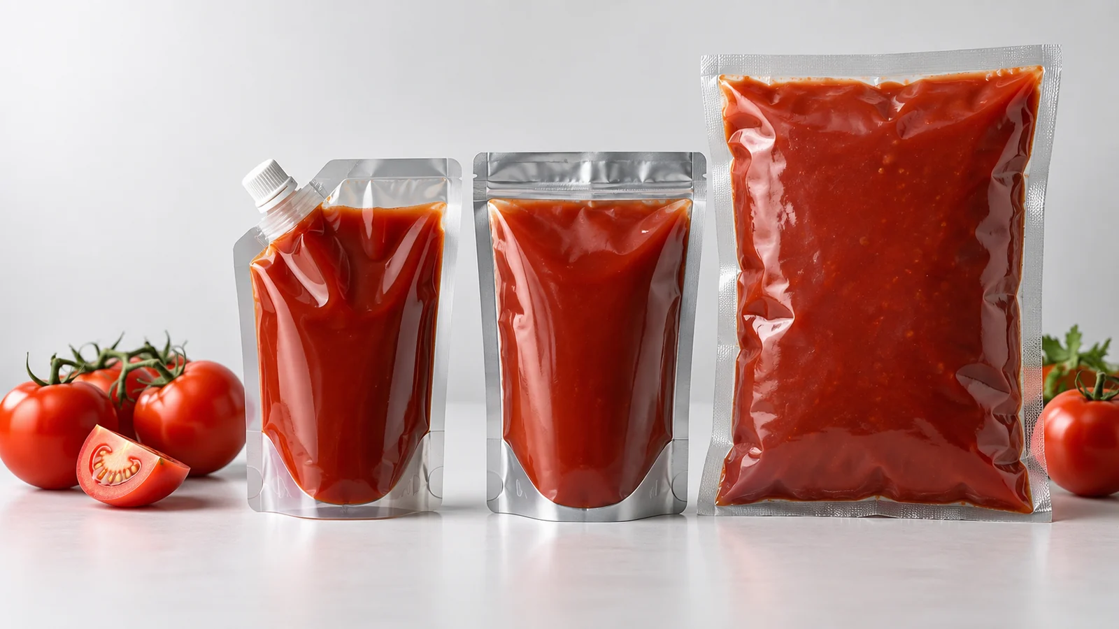 Formats de sachets de ketchup, notamment les sachets à bec verseur, les sachets à fond plat et les sachets destinés à la restauration