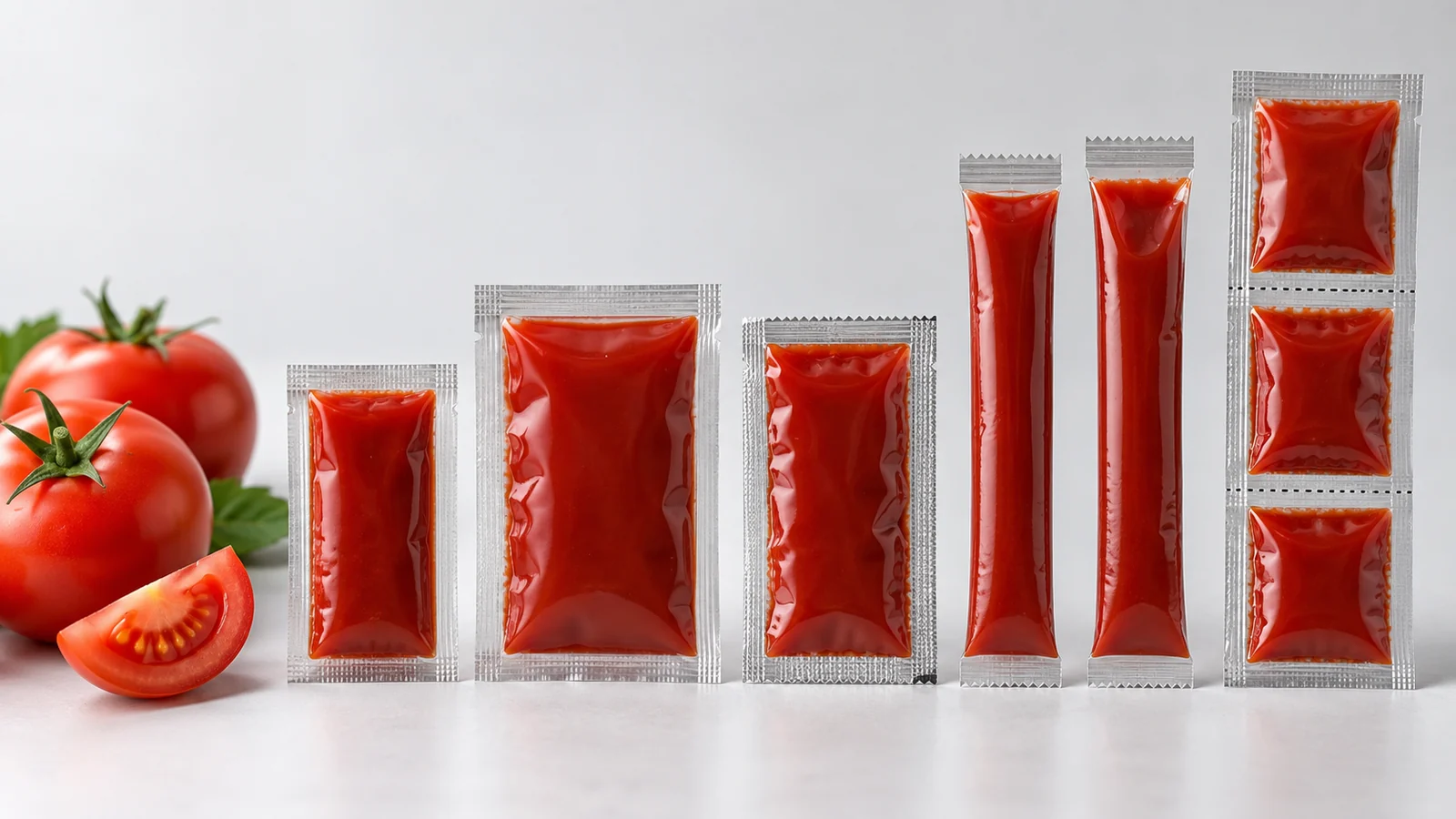 Formats de sachets de ketchup, notamment les sachets plats, les sachets en forme de bâtonnets et les bandes de sachets reliés entre eux