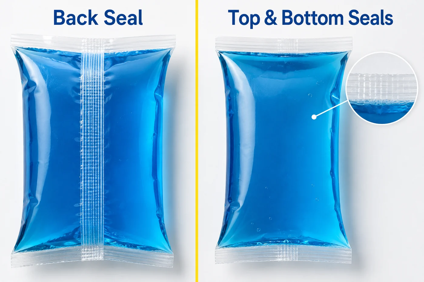 Liquid pillow pouch back seal and top and bottom transverse seals