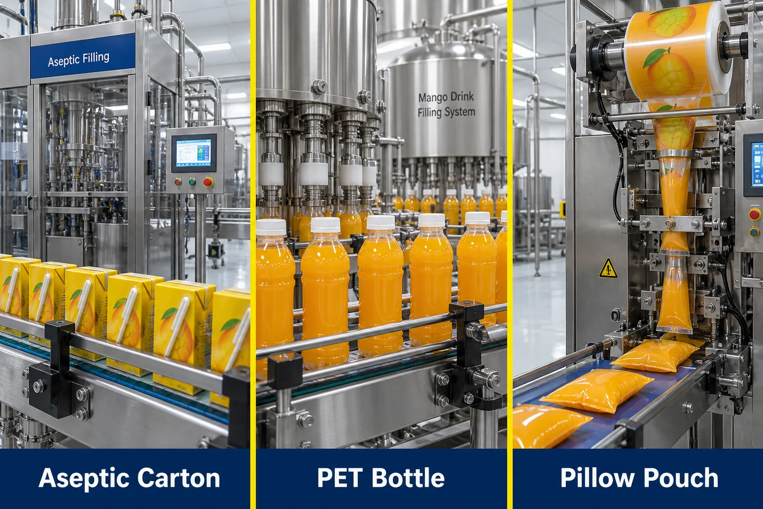 Unbranded mango drink packaging routes for aseptic cartons PET bottles and pillow pouches