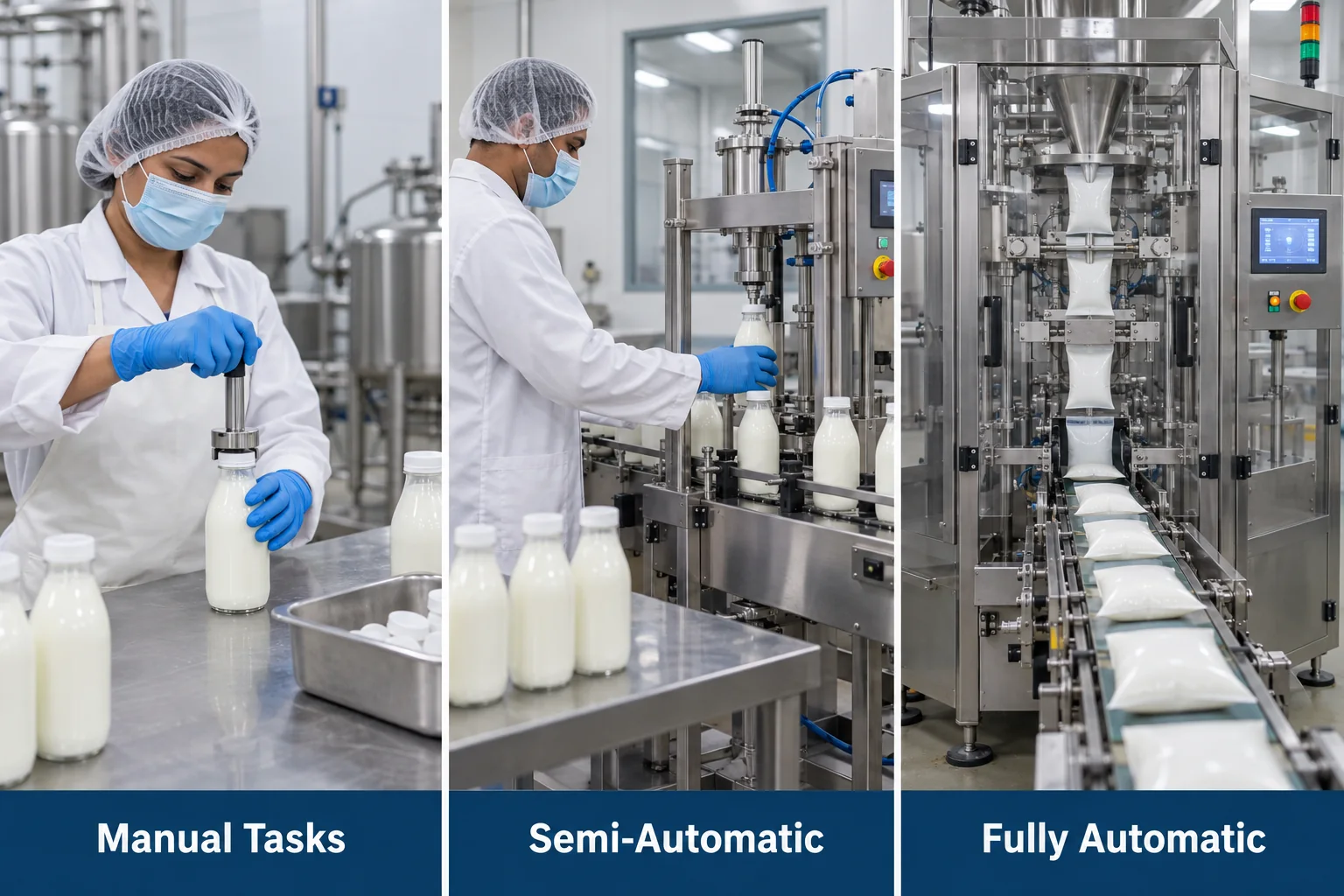 Manual semi automatic and fully automatic milk packing operations compared