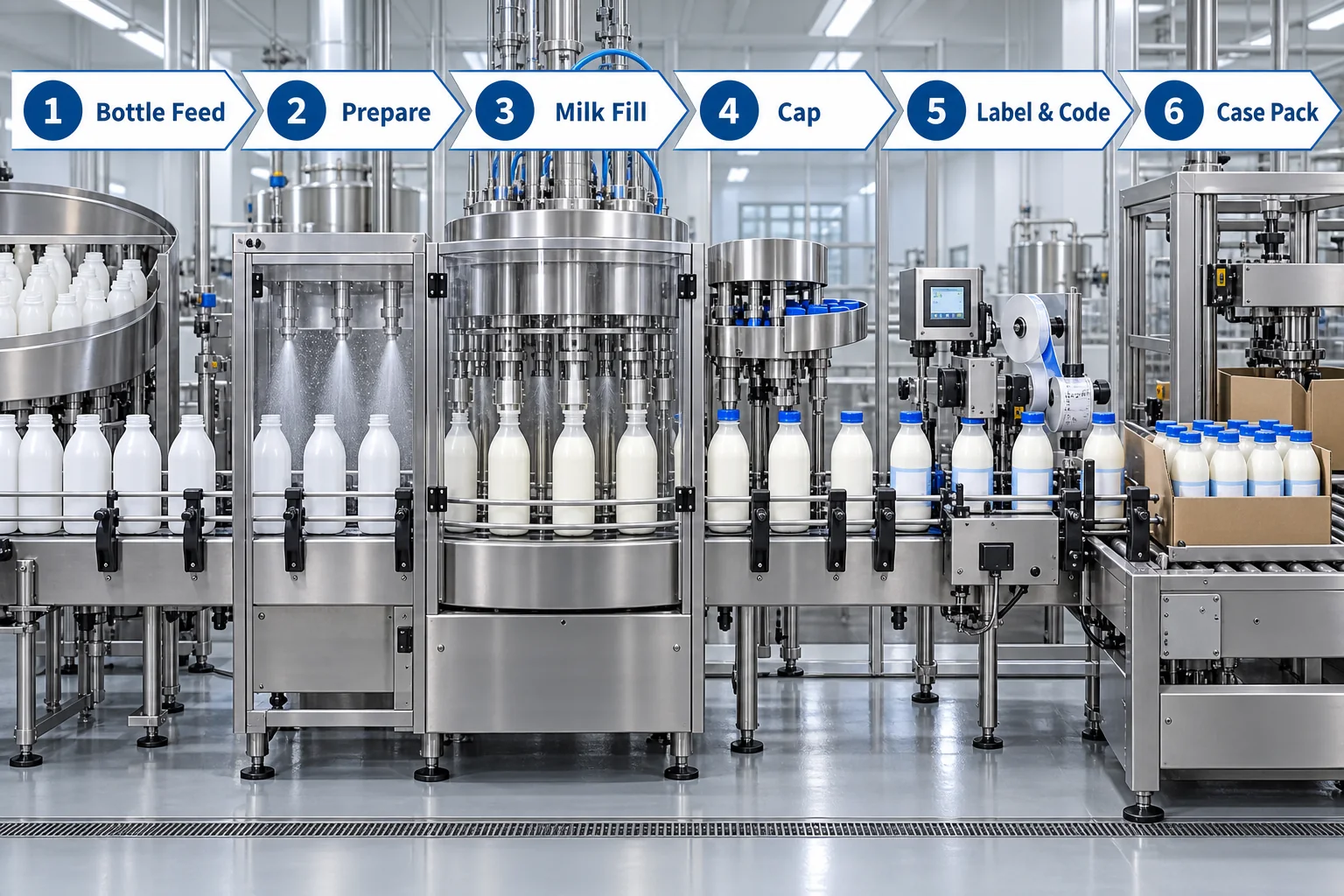 Automatic milk bottle preparation filling capping labeling coding and case packing line