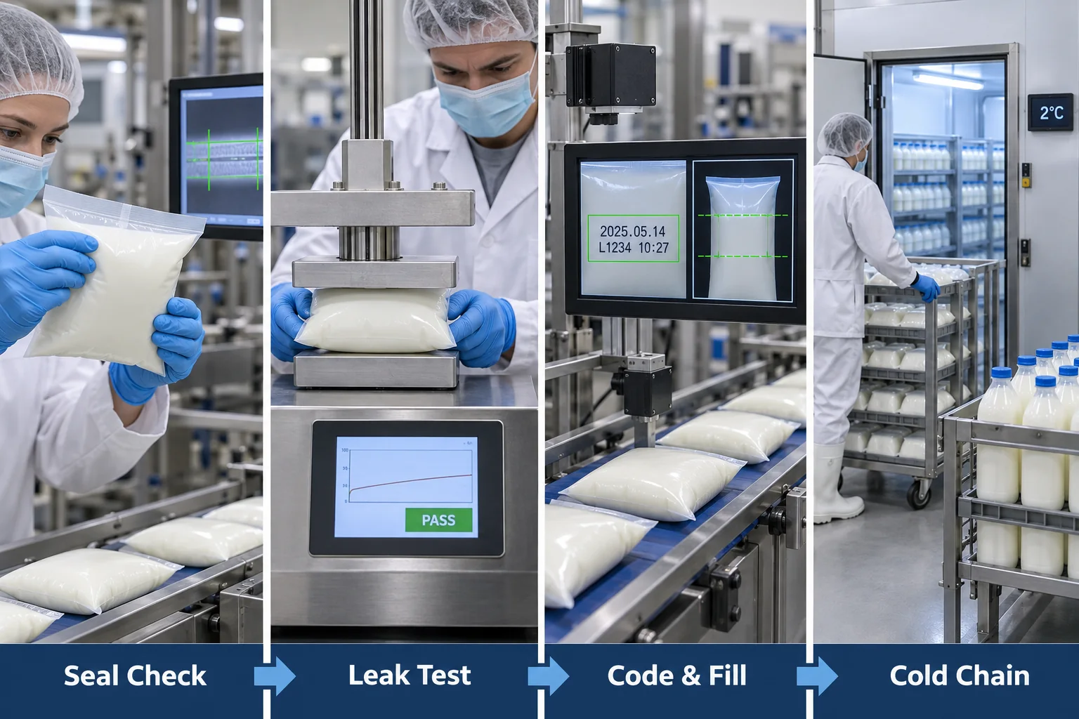 Milk pouch seal leak code fill and cold chain quality checks