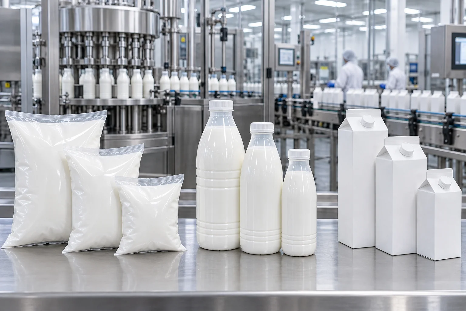 Applications des machines de remplissage de lait pour les sachets en forme d'oreiller, les bouteilles en PEHD et les briques à toit en pignon