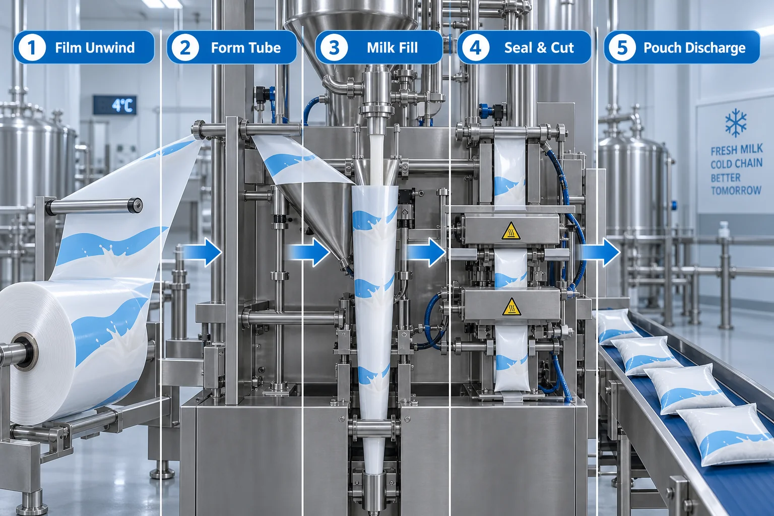 Milk pouch packing machine working process from film unwind through sealing and discharge