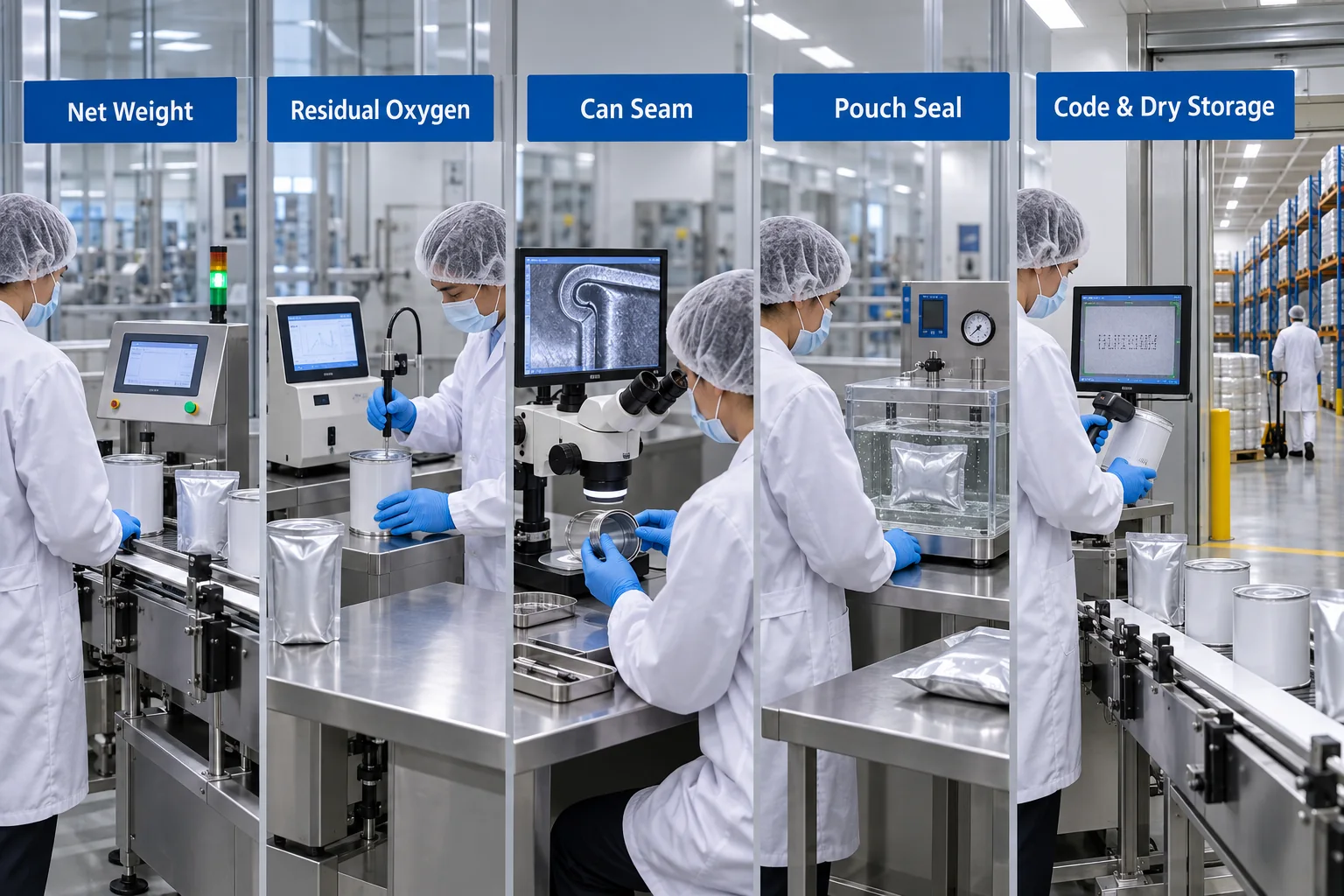 Milk powder packaging checks for weight residual oxygen can seam pouch seal code and dry storage