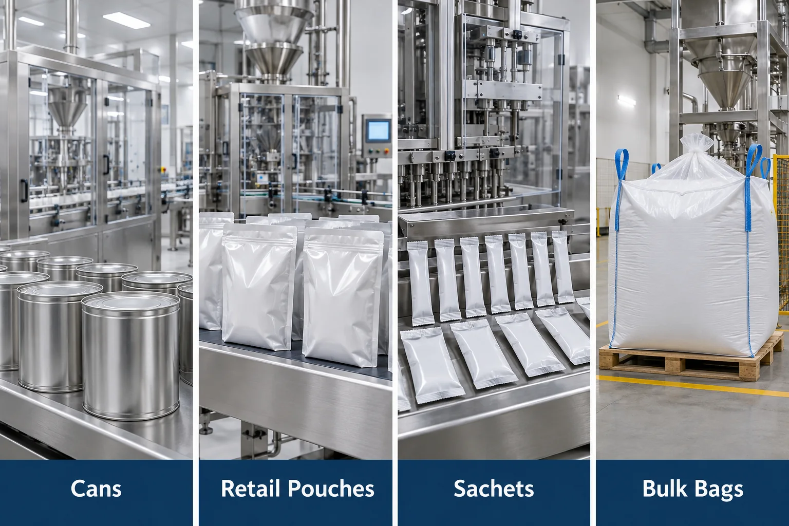 Milk powder packaging machine formats for cans retail pouches sachets and bulk bags