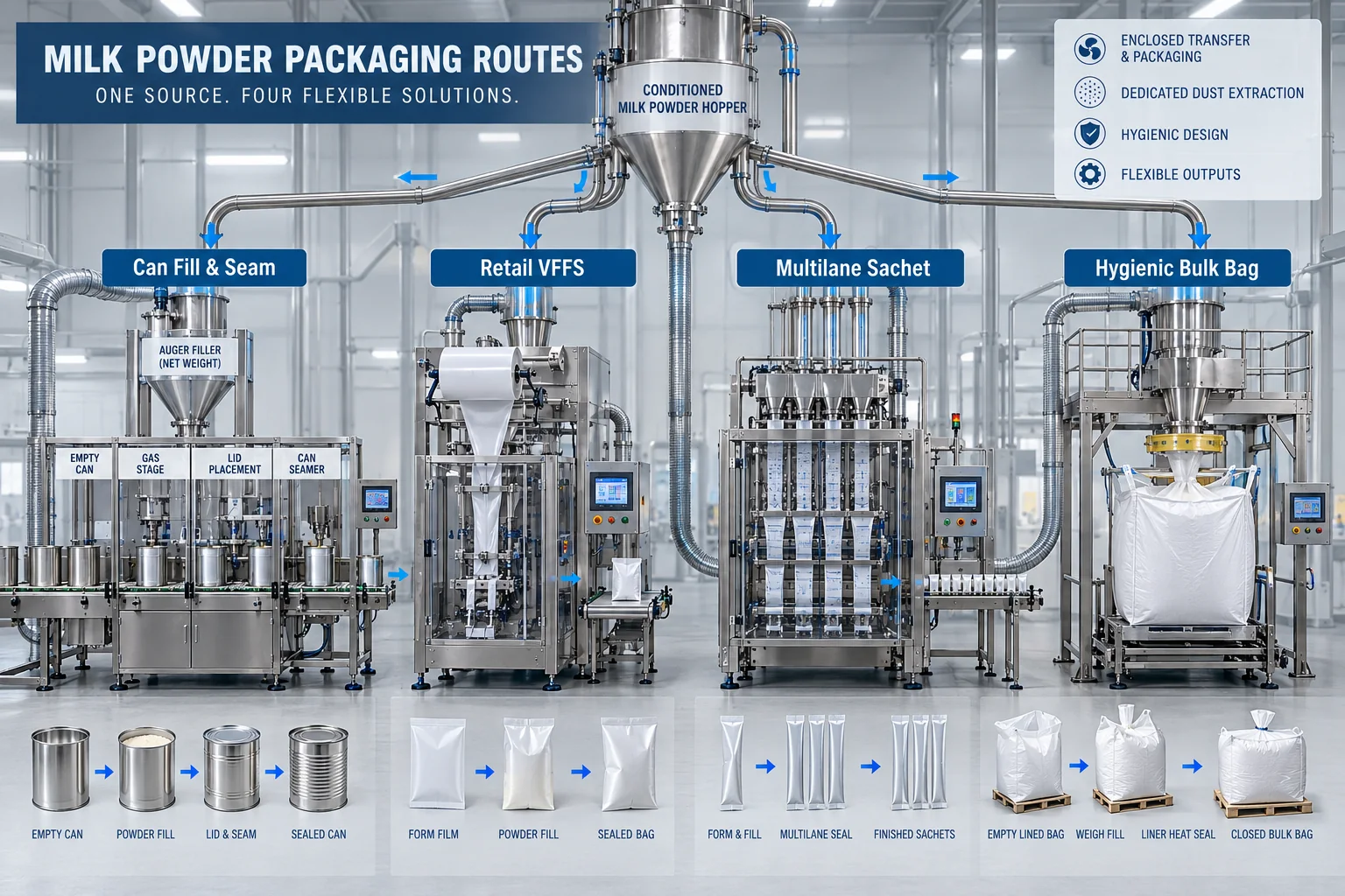 Milk powder packaging routes for cans VFFS sachets and hygienic bulk bags