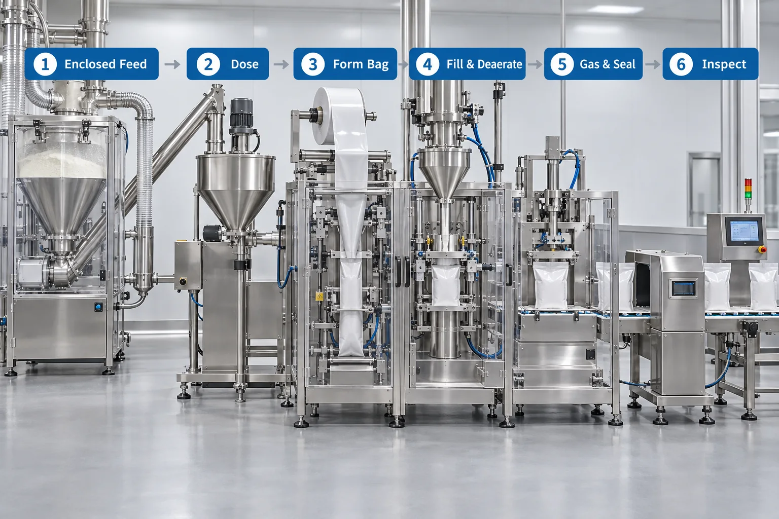 Milk powder VFFS workflow with enclosed feed dosing bag forming deaeration gas sealing and inspection