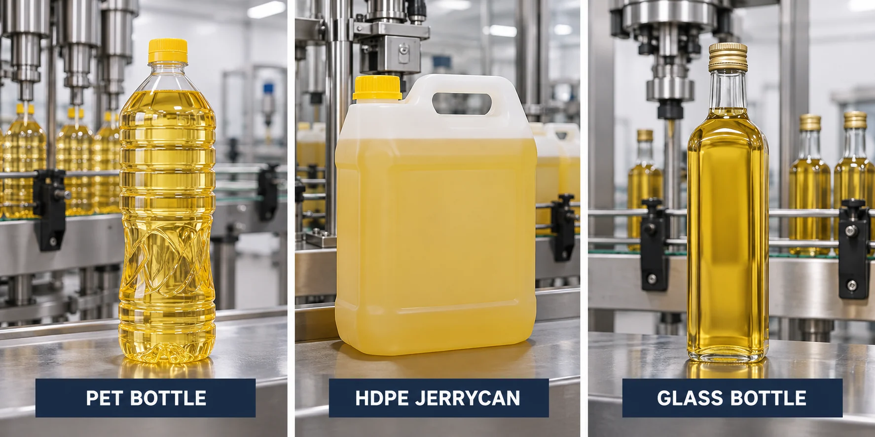 Capped PET bottles, glass bottles and handled oil containers