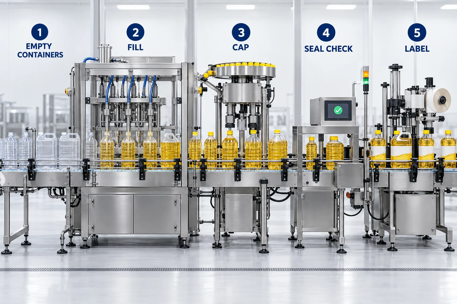 Logical cooking oil bottle line from empty containers through filling capping seal inspection and labeling