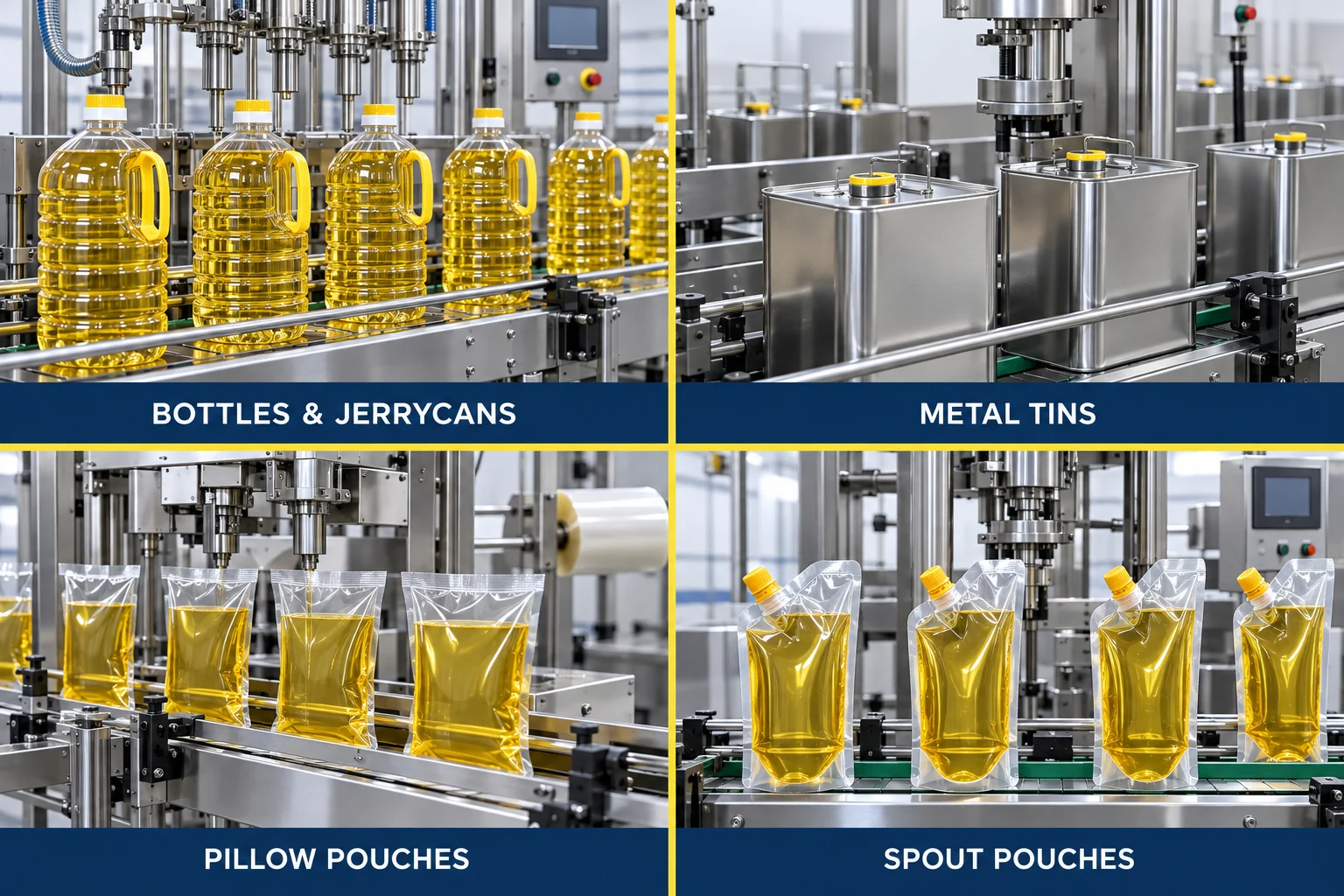 Méthodes de conditionnement de l'huile de cuisine : bouteilles, jerricans, boîtes métalliques, sachets souples et sachets à bec verseur