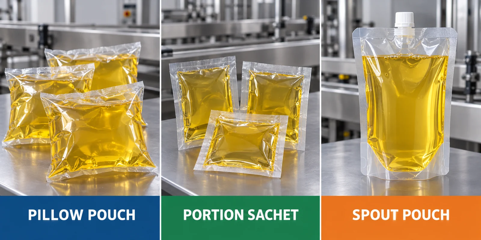 Pillow pouch portion sachet and spout pouch formats for edible oil