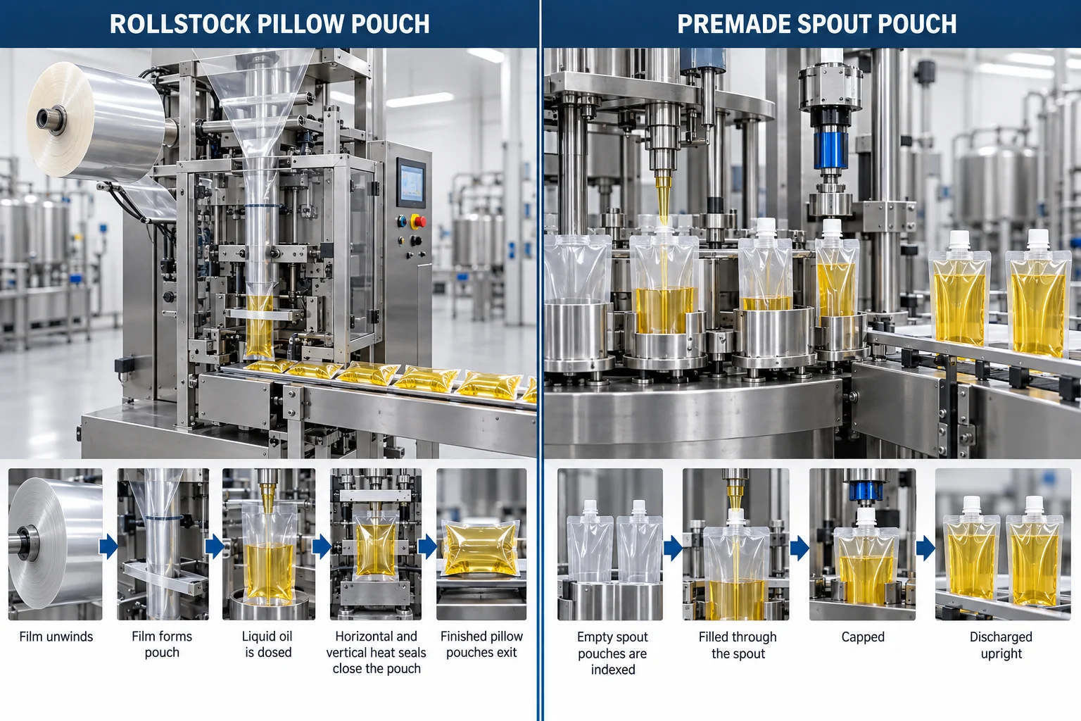 Rollstock pillow pouch and premade spout pouch routes for edible oil