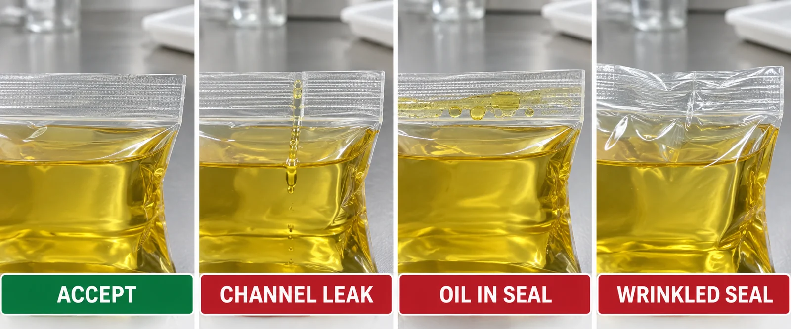 Accepted edible oil pouch compared with channel leak oil contamination and wrinkled seal defects