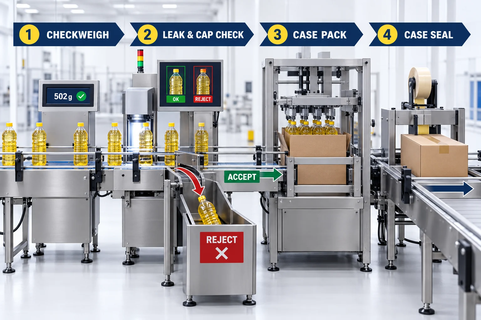 Cooking oil bottles passing checkweighing leak and cap inspection case packing and case sealing