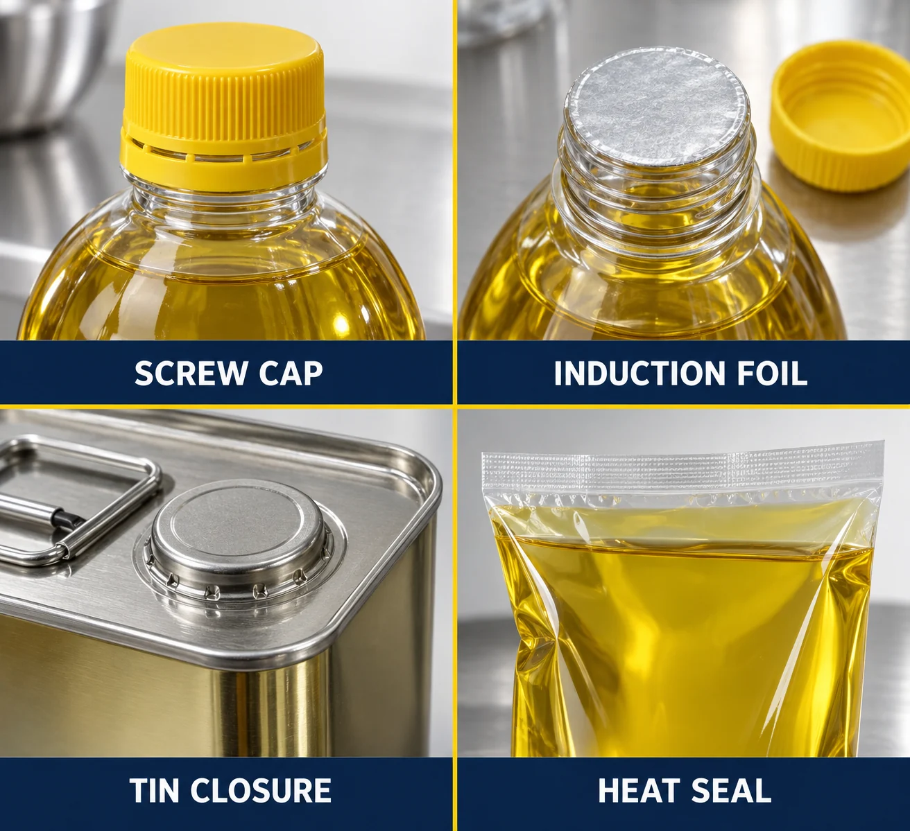 Screw cap induction foil metal tin closure and flexible pouch heat seal for edible oil