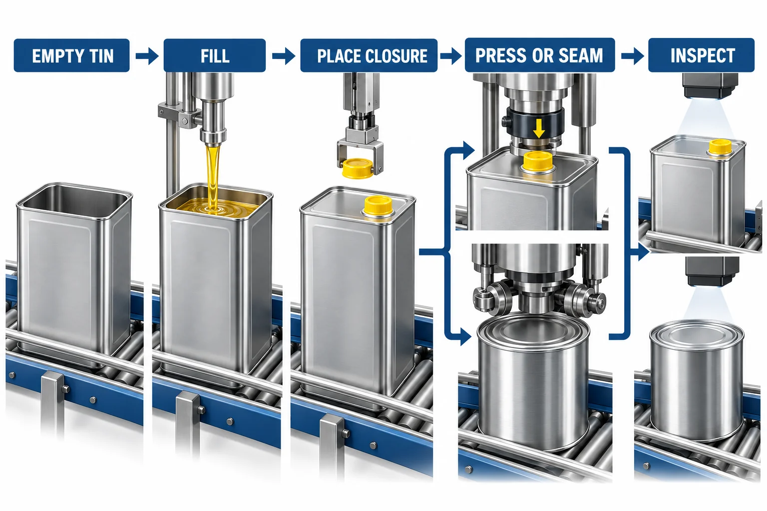 Oil tin filling closure placement pressing or seaming and inspection workflow