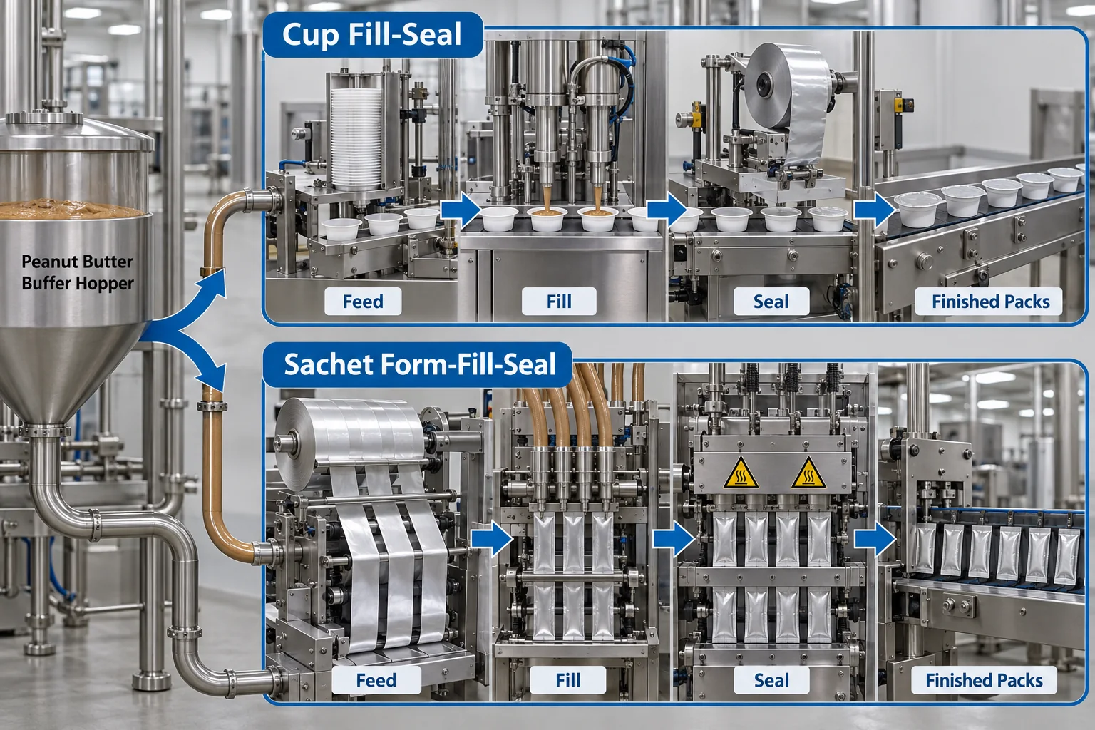 Peanut butter cup filling sealing and sachet form fill seal routes