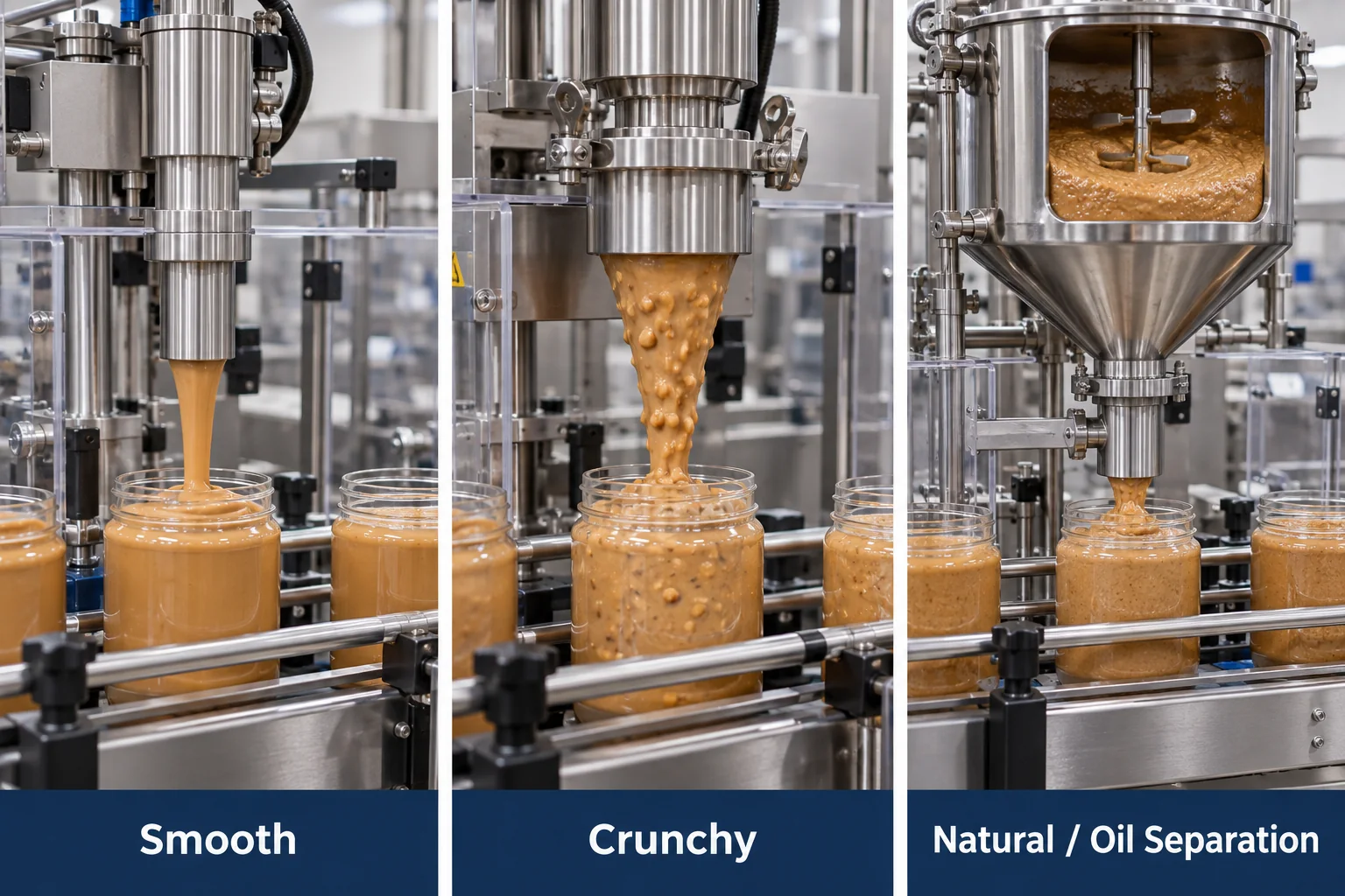 Peanut butter filling systems for smooth crunchy and natural oil-separating recipes