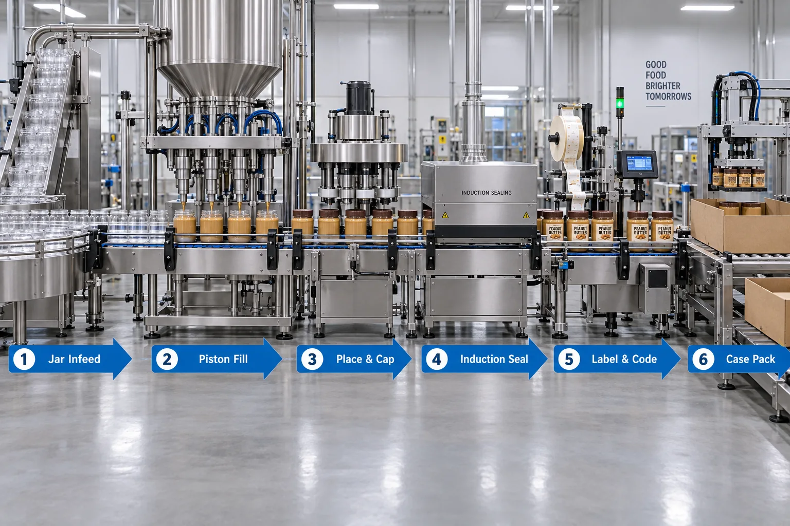Automatic peanut butter jar filling capping induction sealing labeling and case packing line