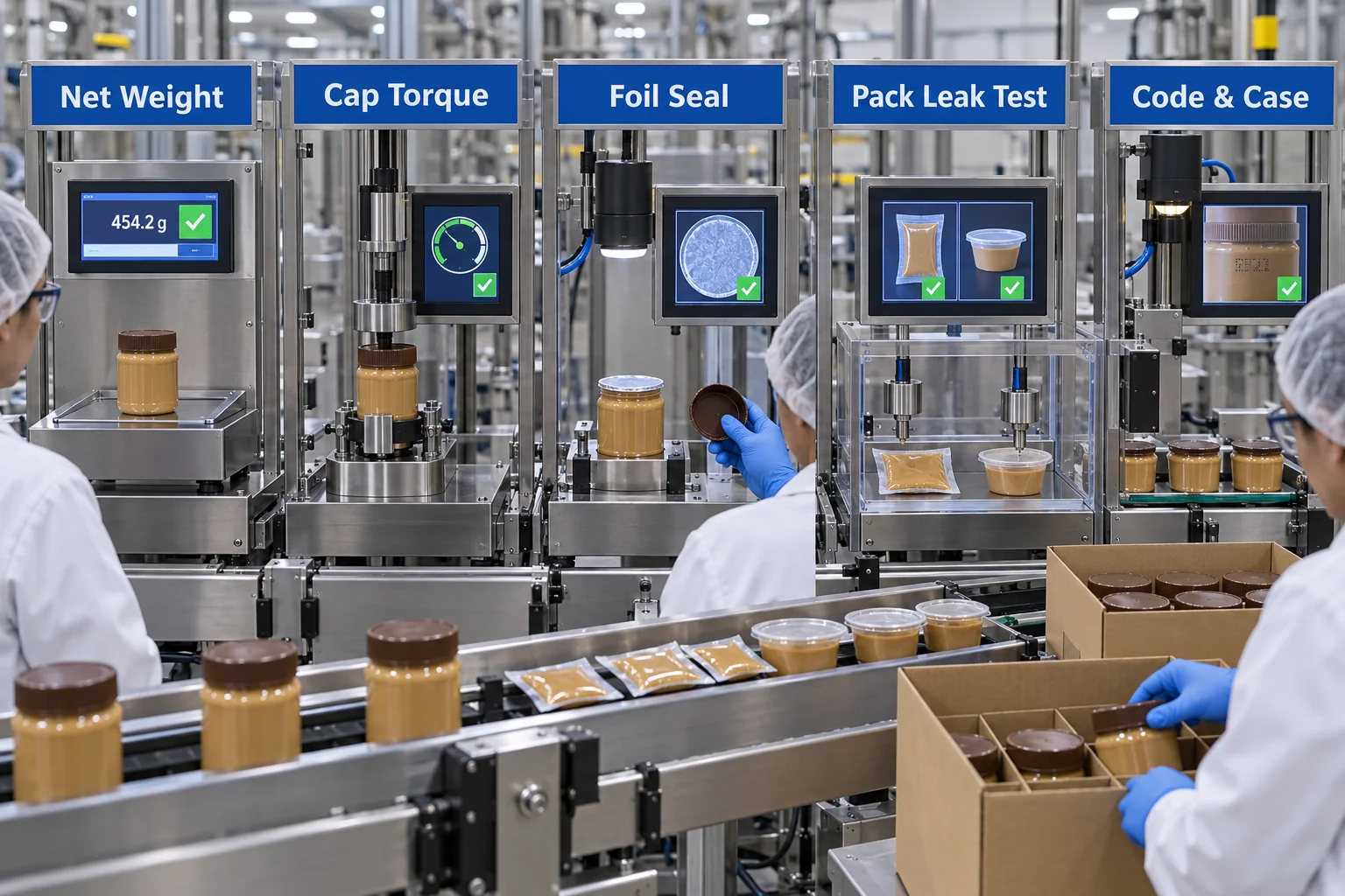 Peanut butter package checks for weight cap torque foil seal leaks code and case packing