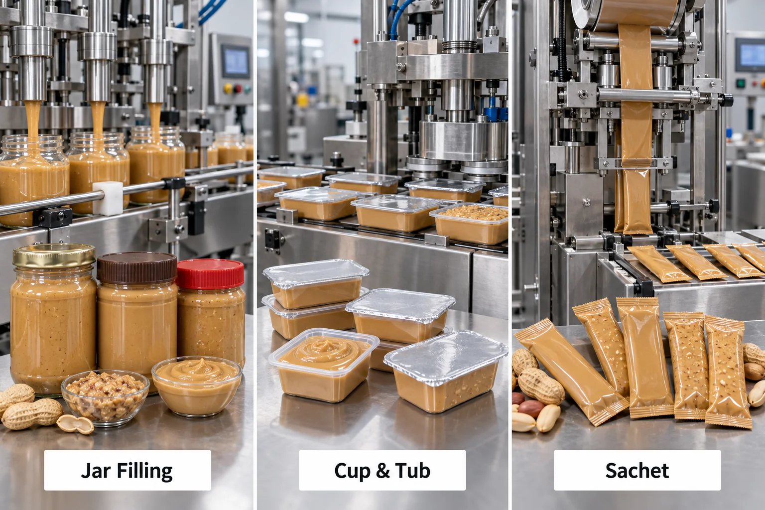Peanut butter packaging machine options for jars cups tubs and sachets