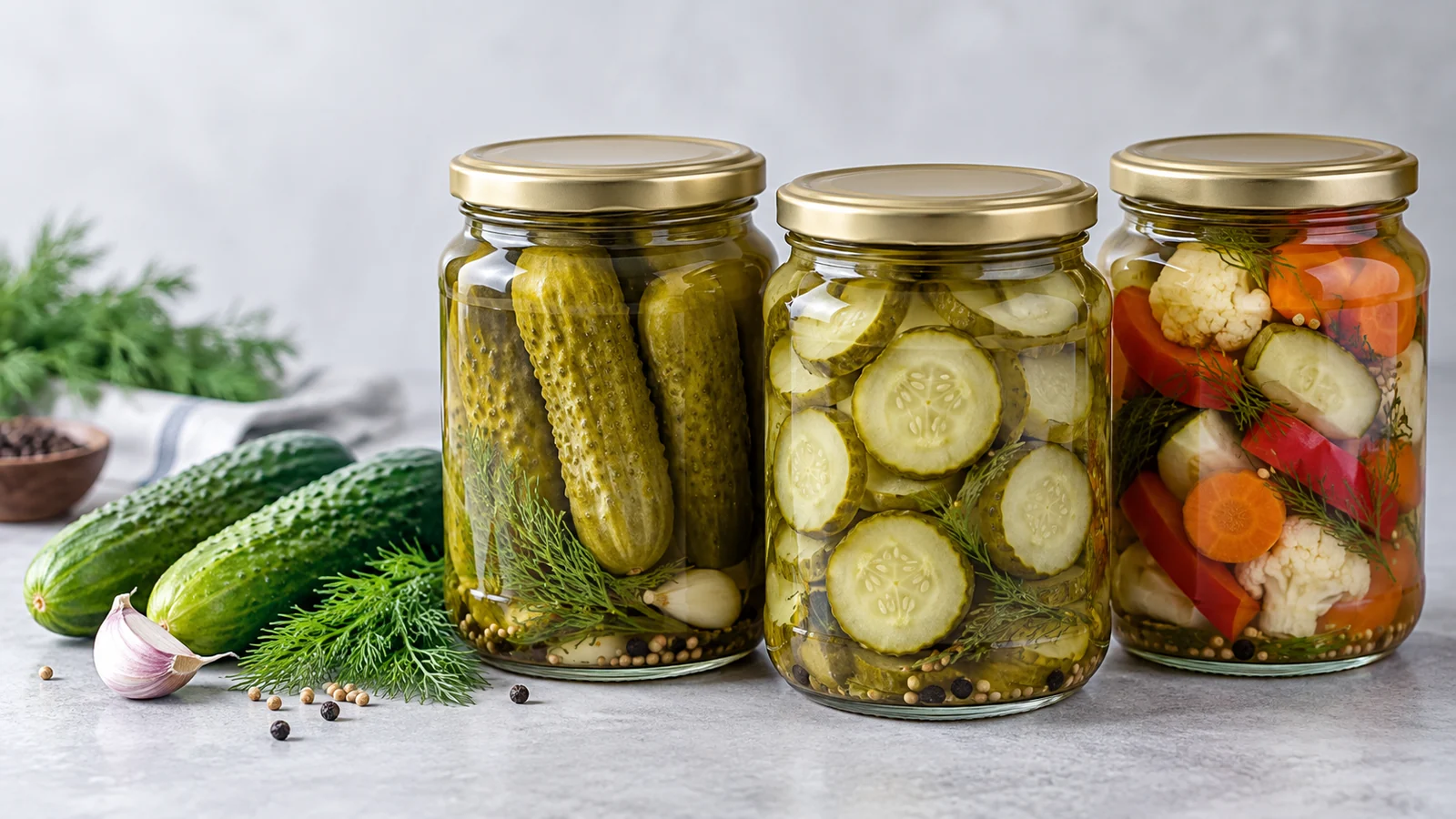 Finished pickle jars with whole, sliced and mixed vegetables for bottle packing selection