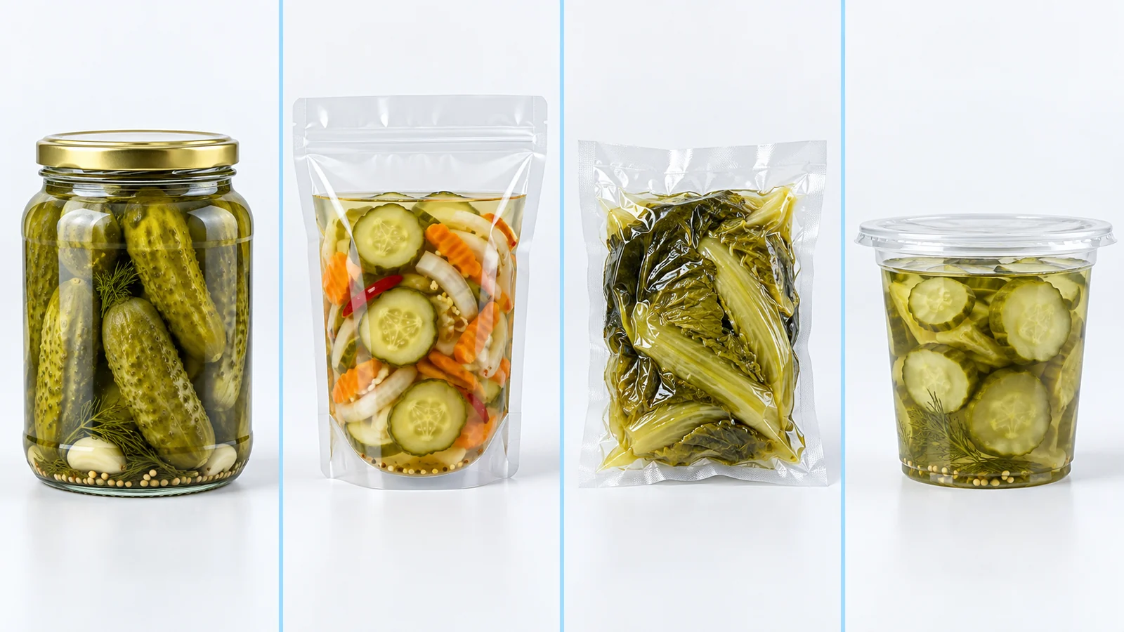 Emballages de cornichons prêts à l'emploi, notamment des bocaux en verre, des sachets à fond plat, des sachets sous vide et des barquettes scellées