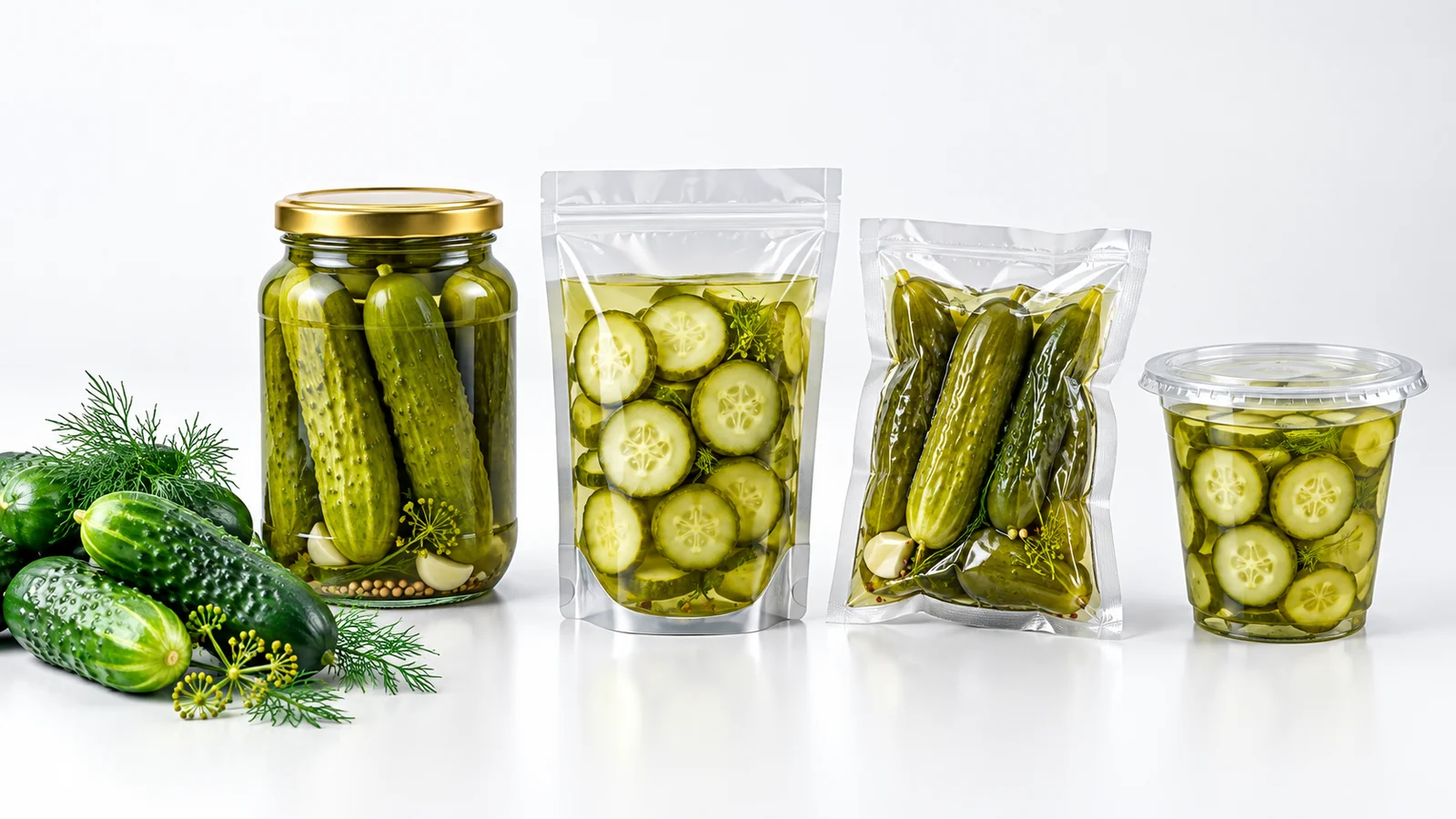 Options d'emballage pour les cornichons prêts à consommer : bocal en verre, sachet à fond plat, sachet sous vide et pot scellé