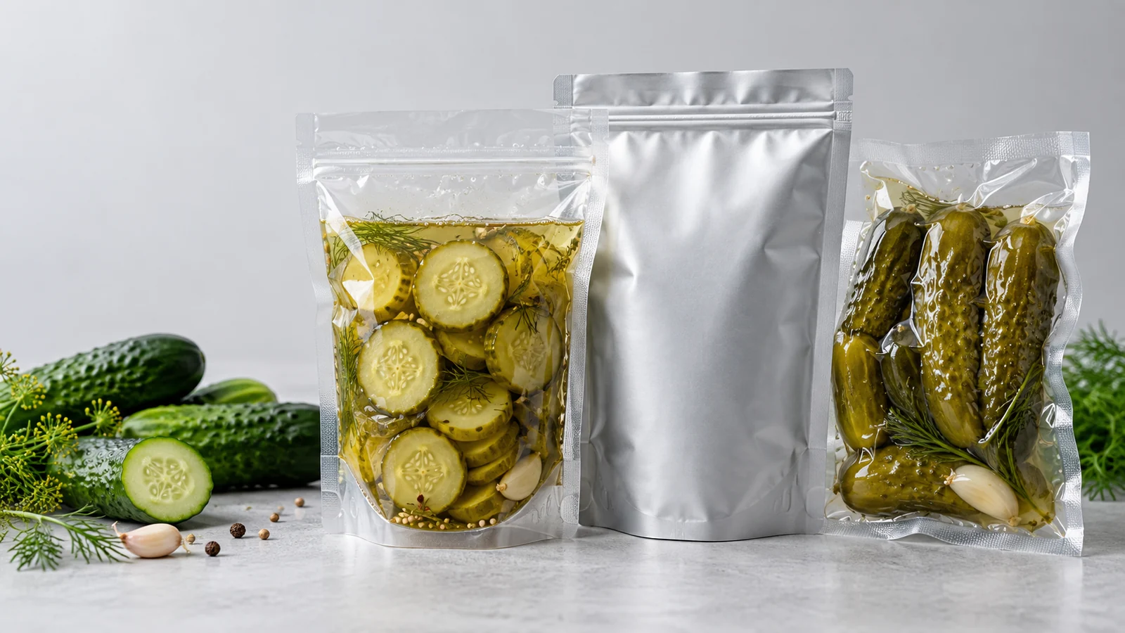 Finished pickle stand-up and vacuum pouches for pouch packing selection