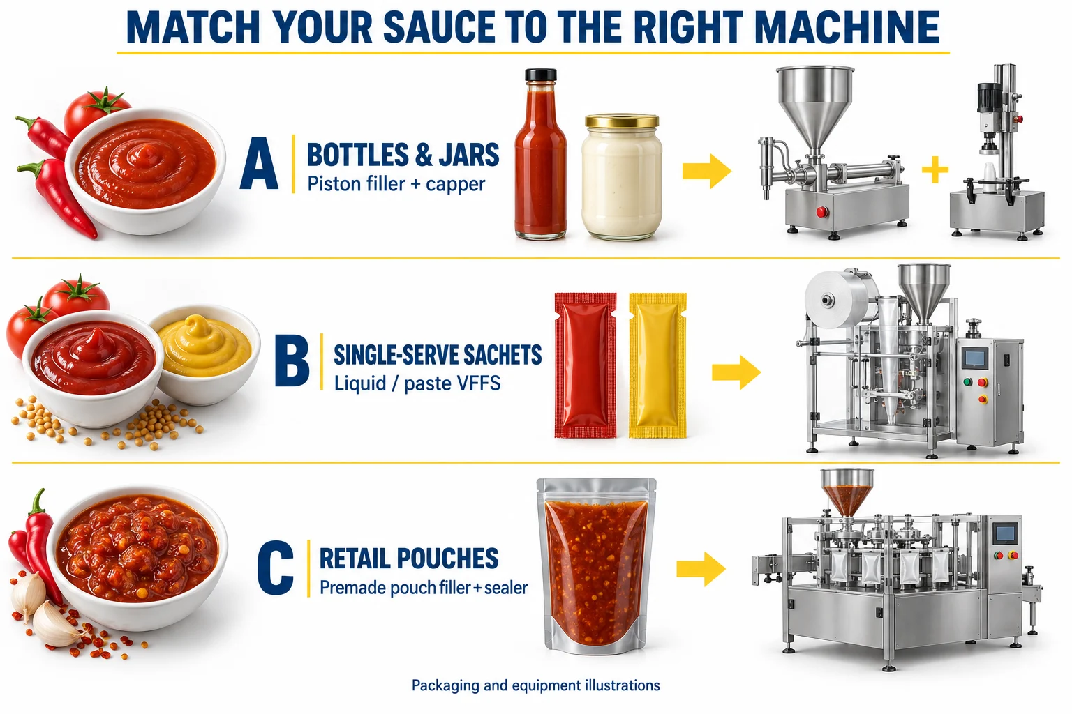Trois lignes de conditionnement de sauces : le remplissage à piston pour les bouteilles et les bocaux, le conditionnement VFFS pour les sachets, et le remplissage de sachets préformés pour les sauces destinées à la grande distribution