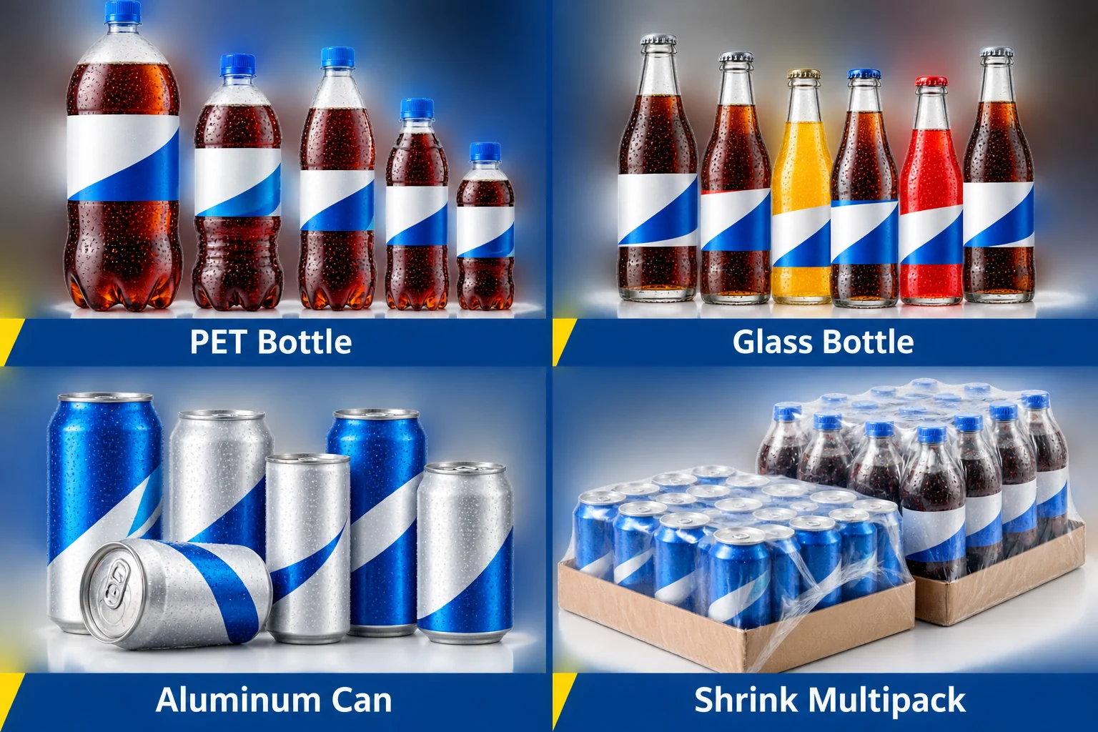 Cold drink packing machine applications for PET bottles, glass bottles, aluminum cans and shrink multipacks