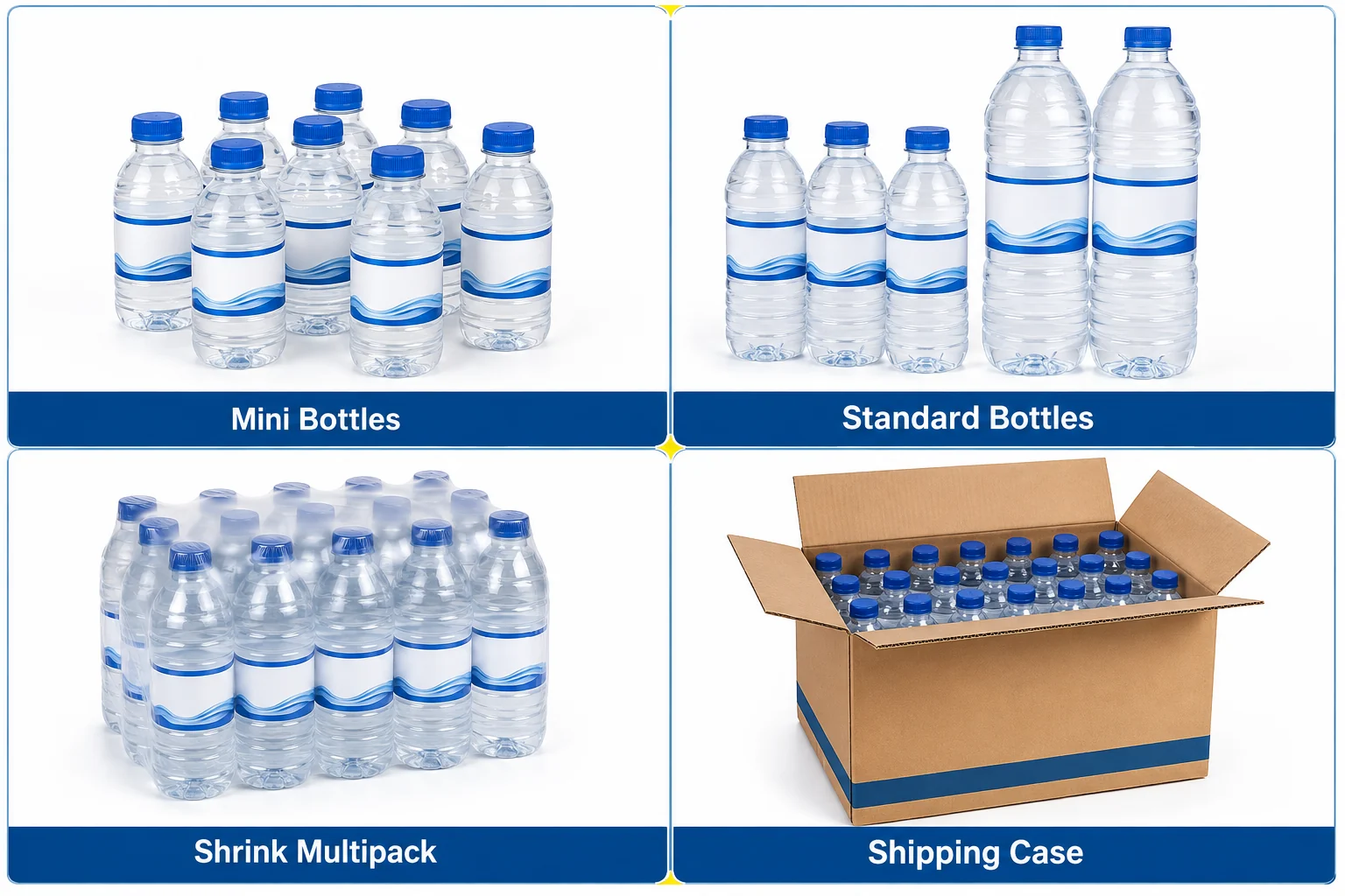 Formas de envasado de las botellas de agua: botella individual, paquete retráctil y caja de envío