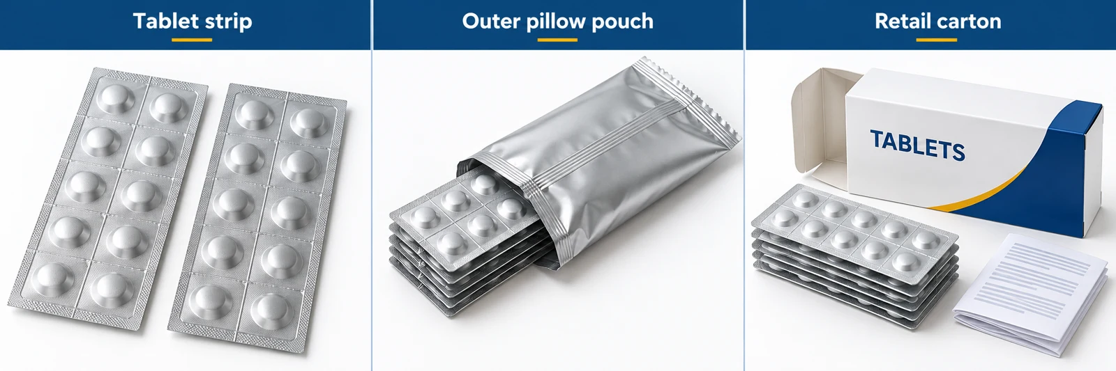 Tablet strip packs, an outer pillow pouch containing finished strips, and strips grouped in a retail carton