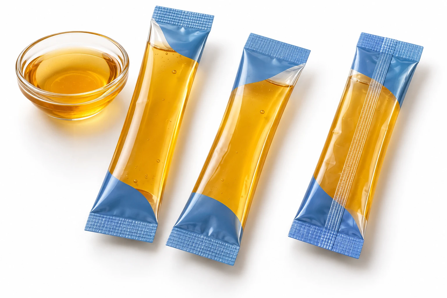 Flexible honey film stick packs with flattened end seals and a visible rear seam