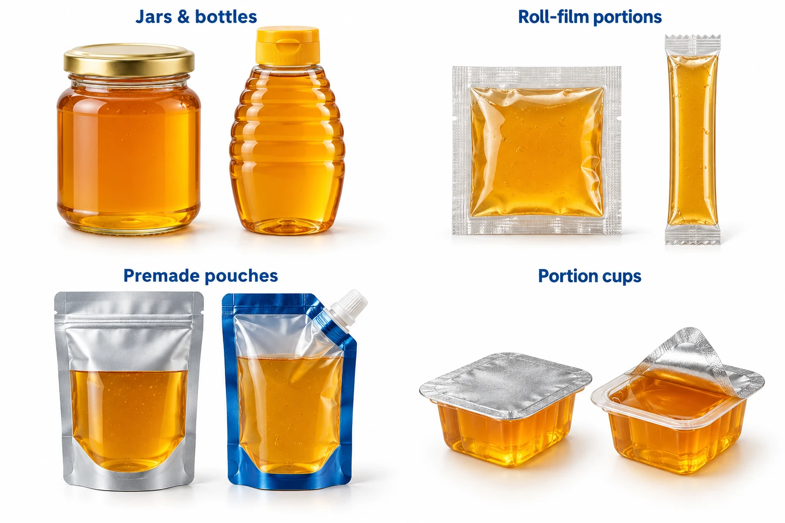 Pot de miel, flacon souple, sachet plat, bâtonnet souple, sachets préemballés et gobelets à couvercle en aluminium