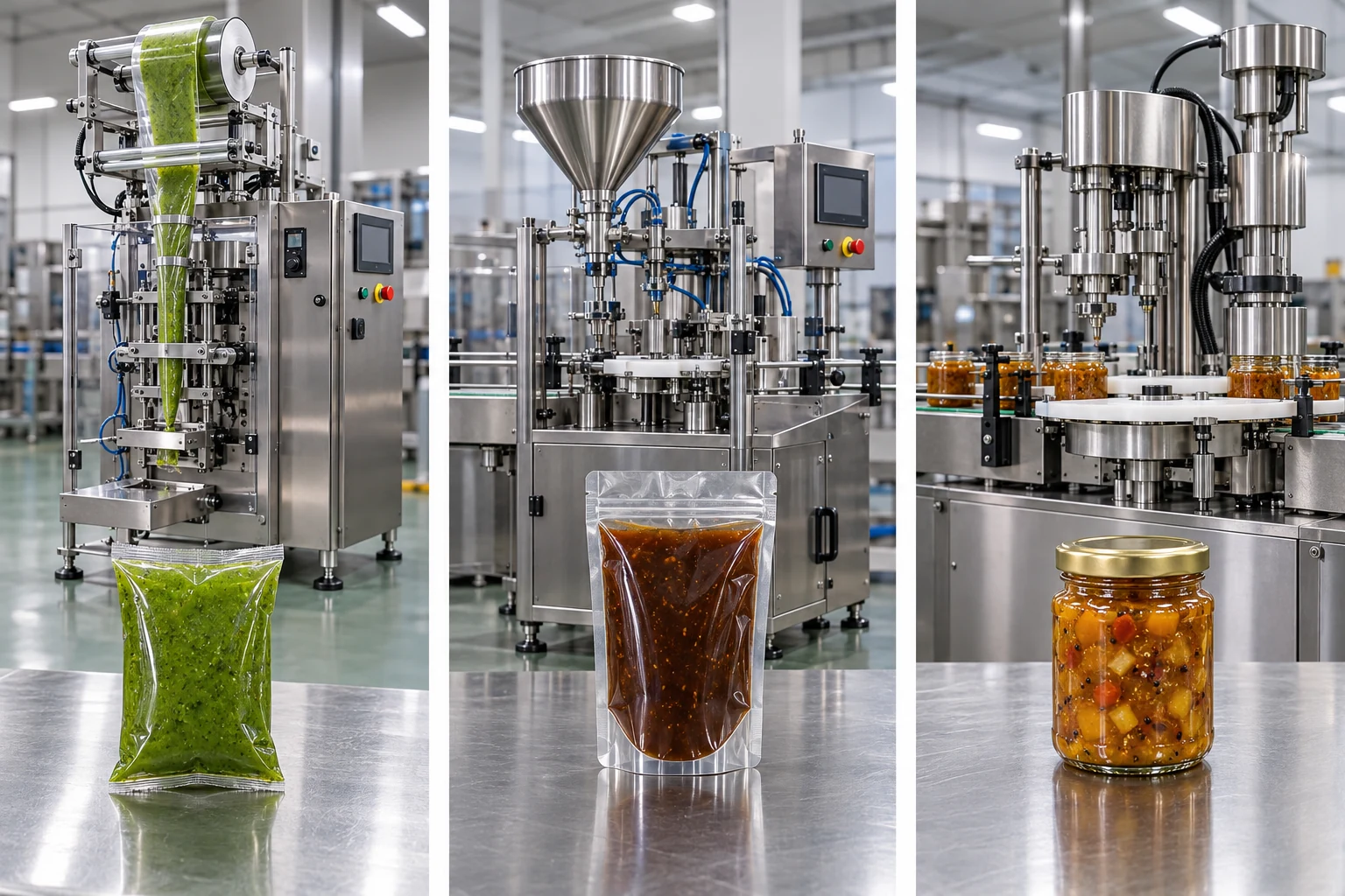 Three chutney packaging scenarios: portion sachet with vertical packing machine, stand-up pouch with pouch filler, and jar with filling and capping machine.