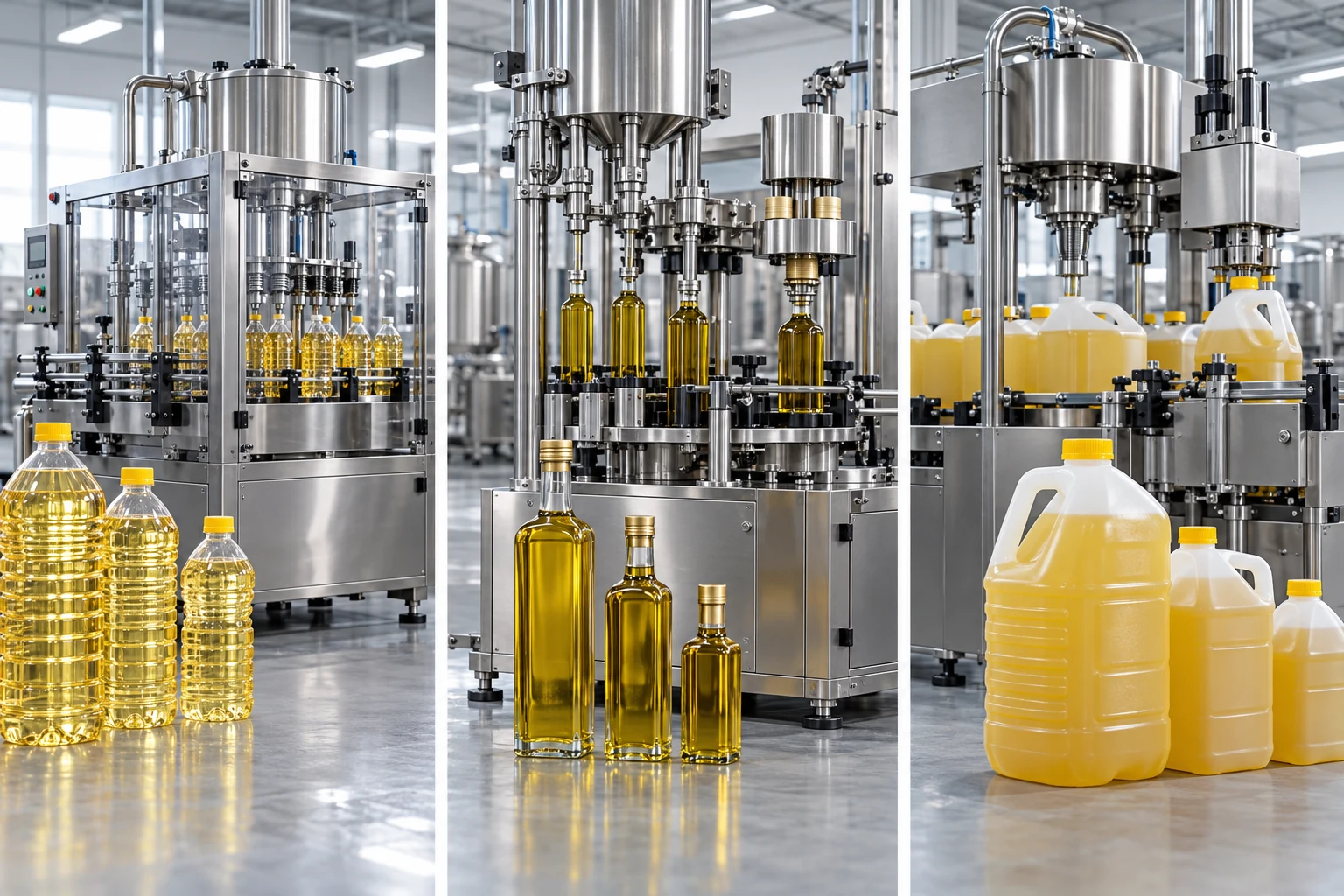 Edible oil in PET bottles, glass bottles, and handled HDPE containers with separate filling and capping equipment.