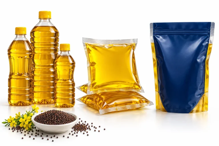 Mustard oil bottles, sealed film pouches and premade stand-up pouches