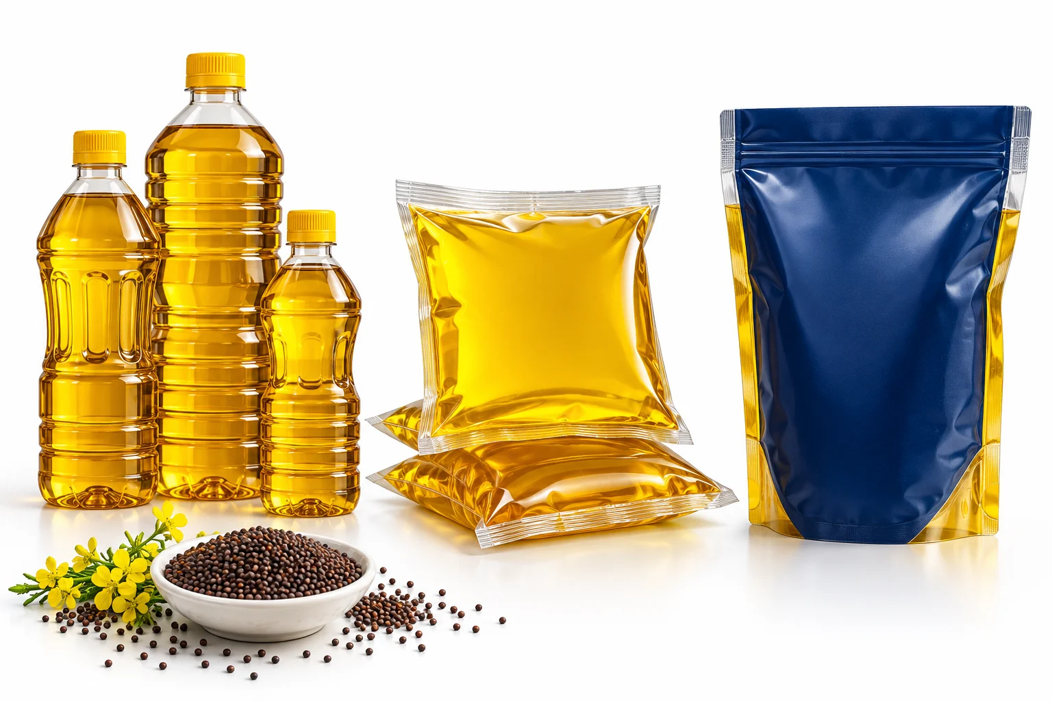 Mustard oil bottles, sealed film pouches and premade stand-up pouches